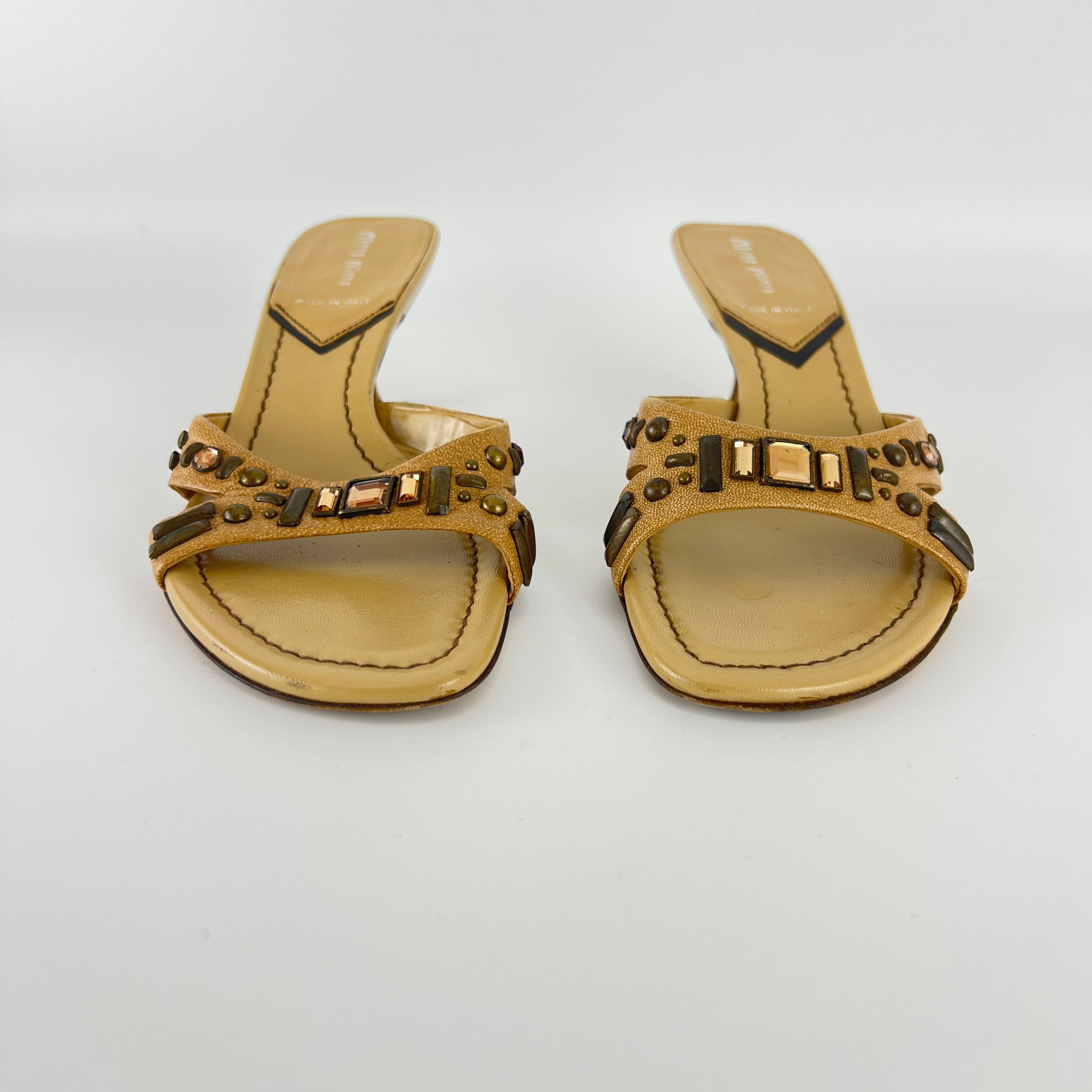 Miu Miu | Beige Tan Leather Metallic Stud Gem Kitten Heel Slide Mules (35)