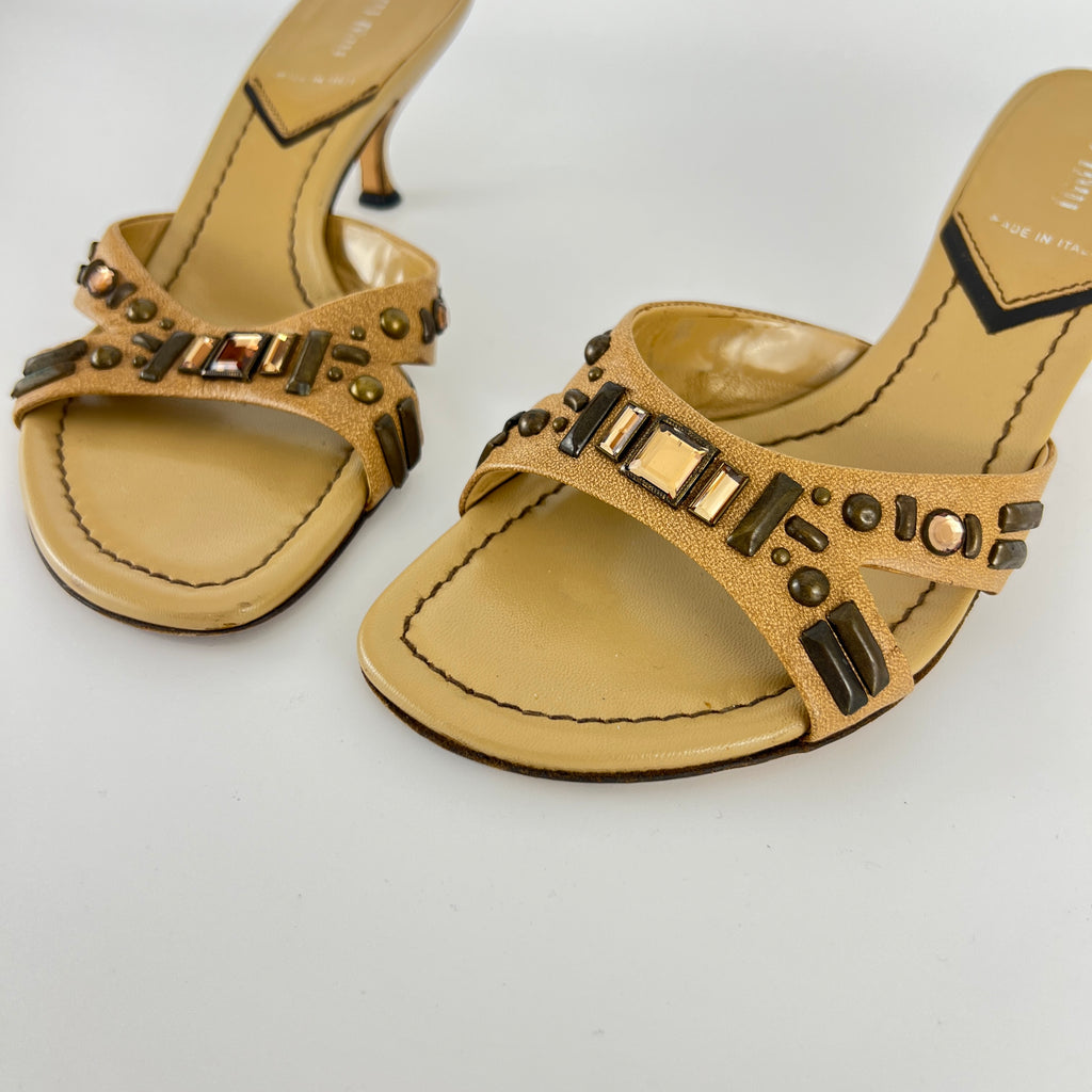 Miu Miu | Beige Tan Leather Metallic Stud Gem Kitten Heel Slide Mules (35)