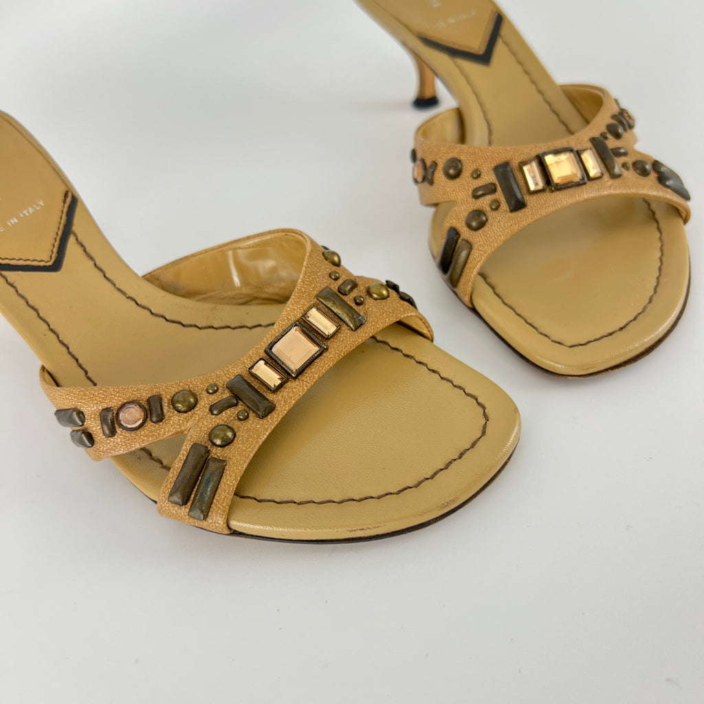 Miu Miu | Beige Tan Leather Metallic Stud Gem Kitten Heel Slide Mules (35)