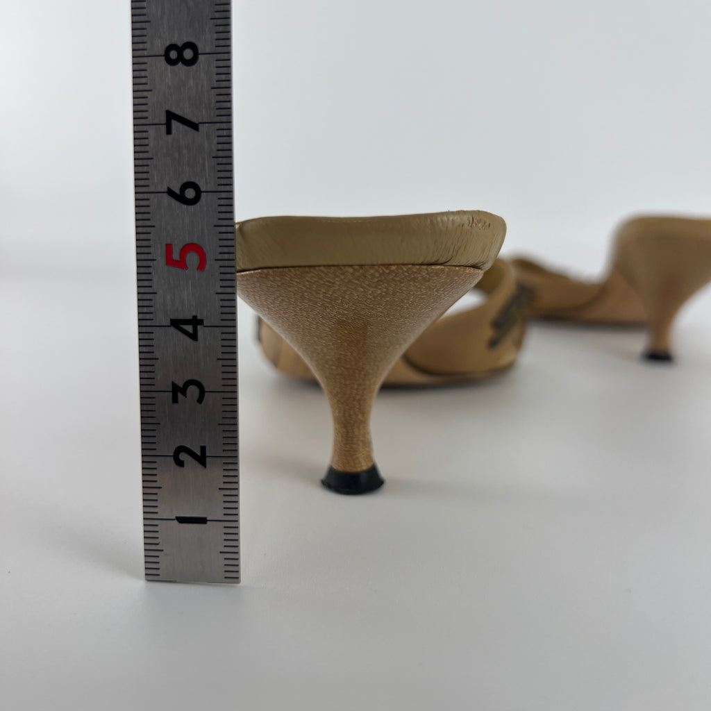 Miu Miu | Beige Tan Leather Metallic Stud Gem Kitten Heel Slide Mules (35)