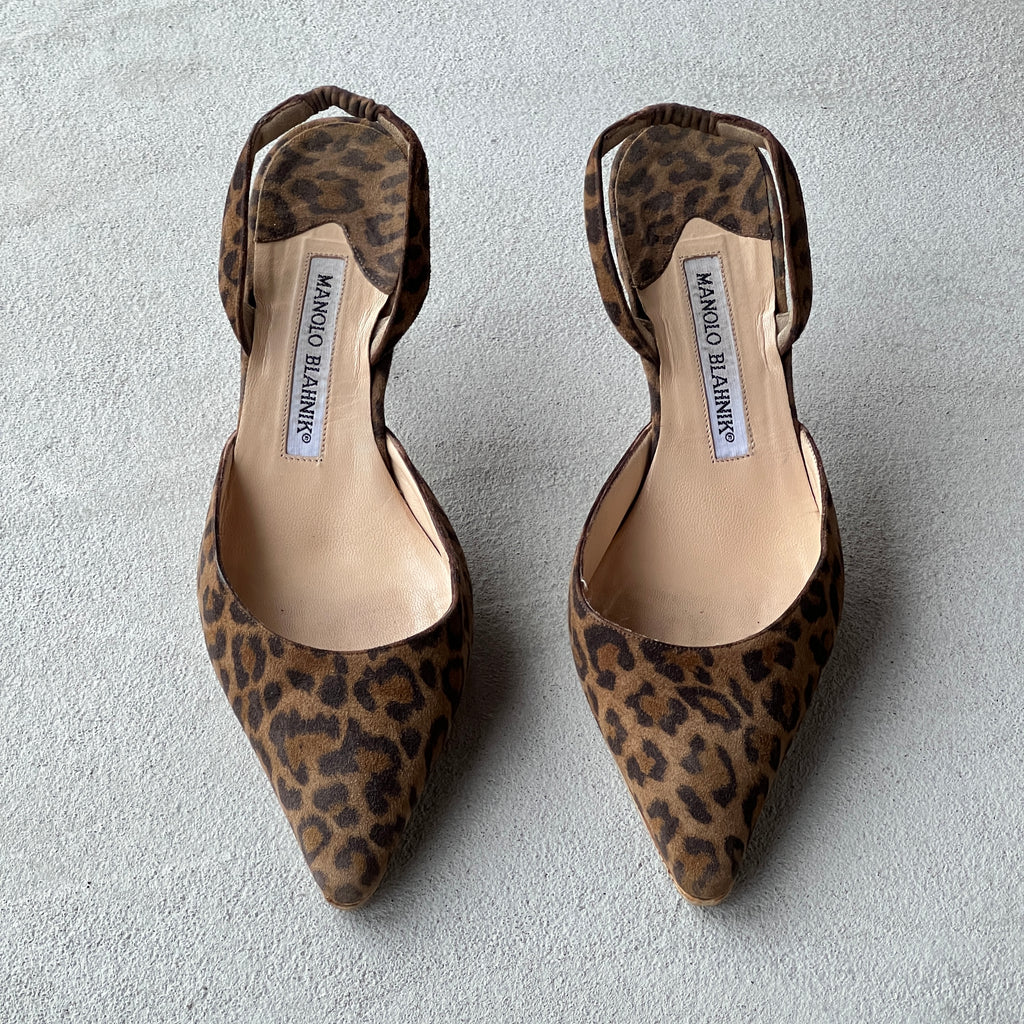 Manolo Blahnik | Carolyne Leopard Suede Leather Pointed Toe Slingback Heels (36)