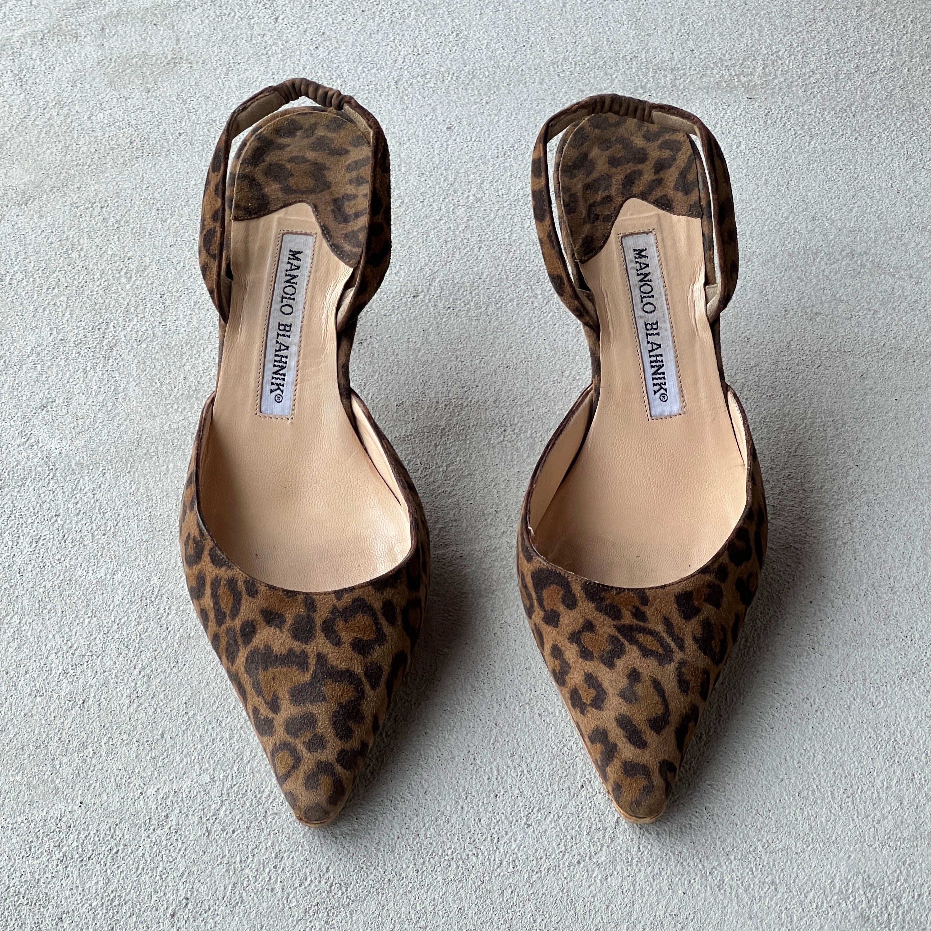 Manolo Blahnik | Carolyne Leopard Suede Leather Pointed Toe Slingback Heels (36)