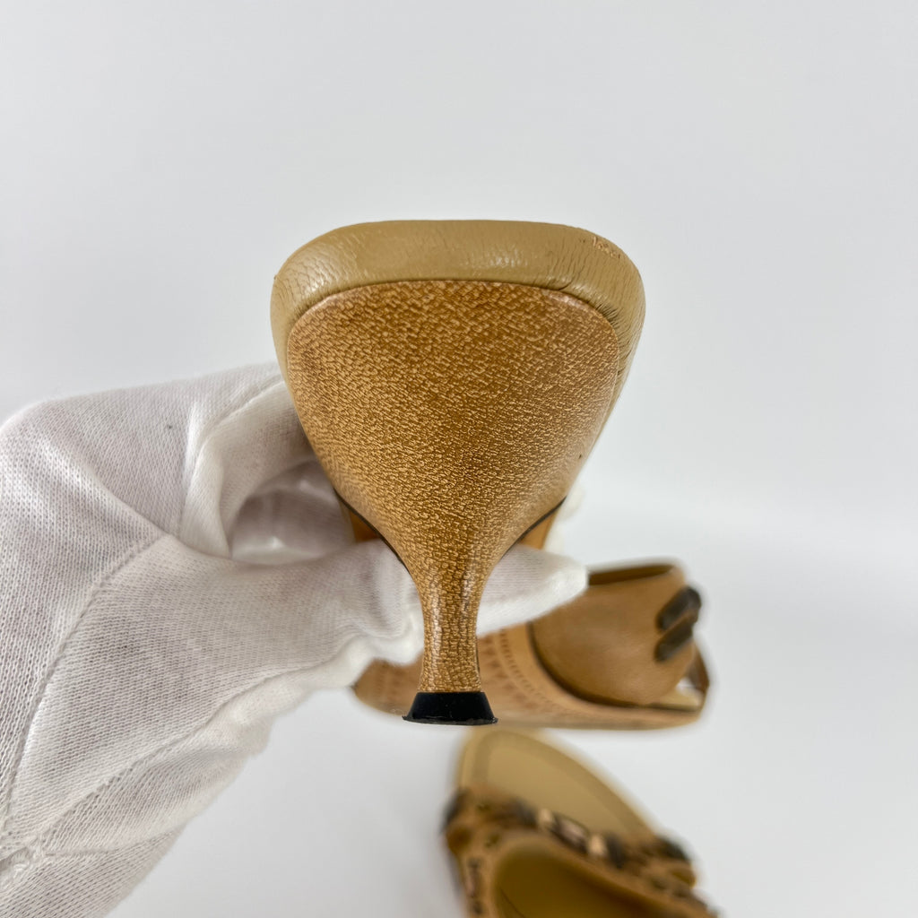 Miu Miu | Beige Tan Leather Metallic Stud Gem Kitten Heel Slide Mules (35)