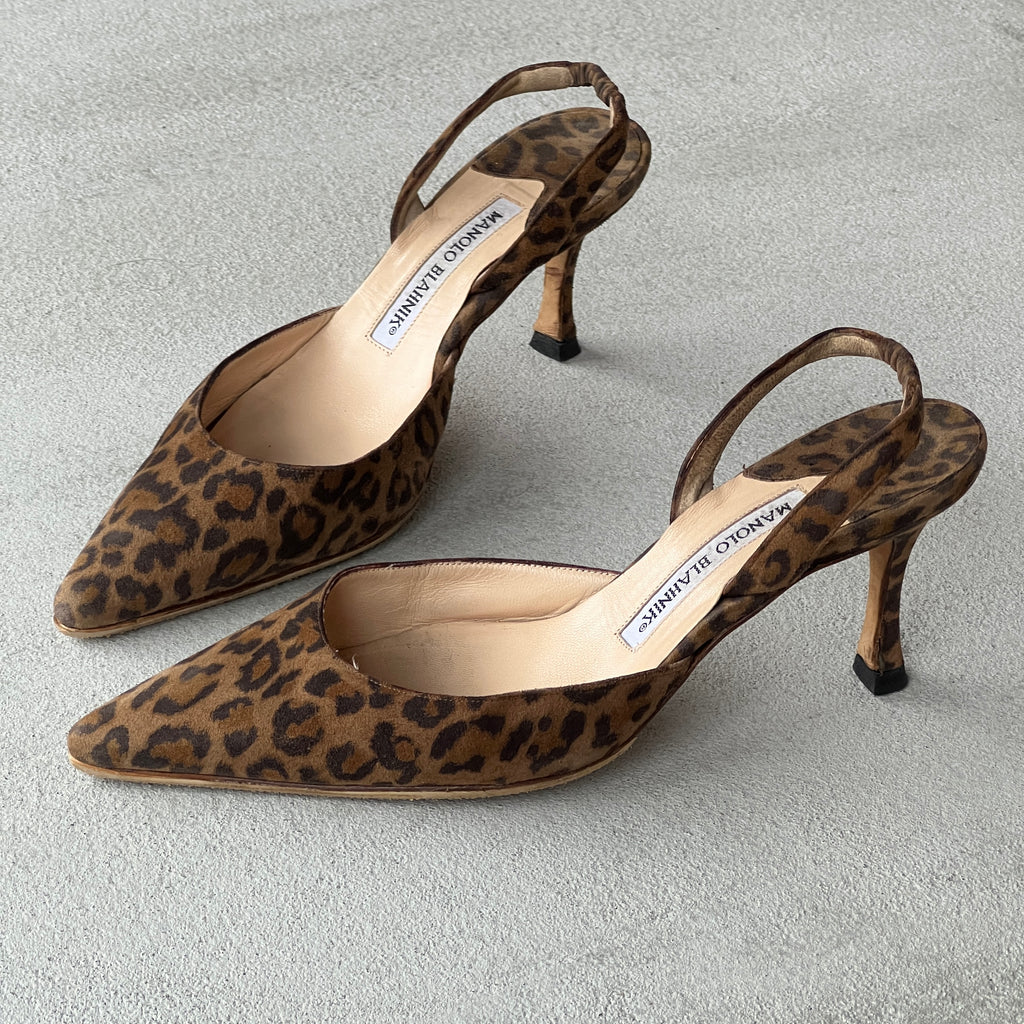 Manolo Blahnik | Carolyne Leopard Suede Leather Pointed Toe Slingback Heels (36)