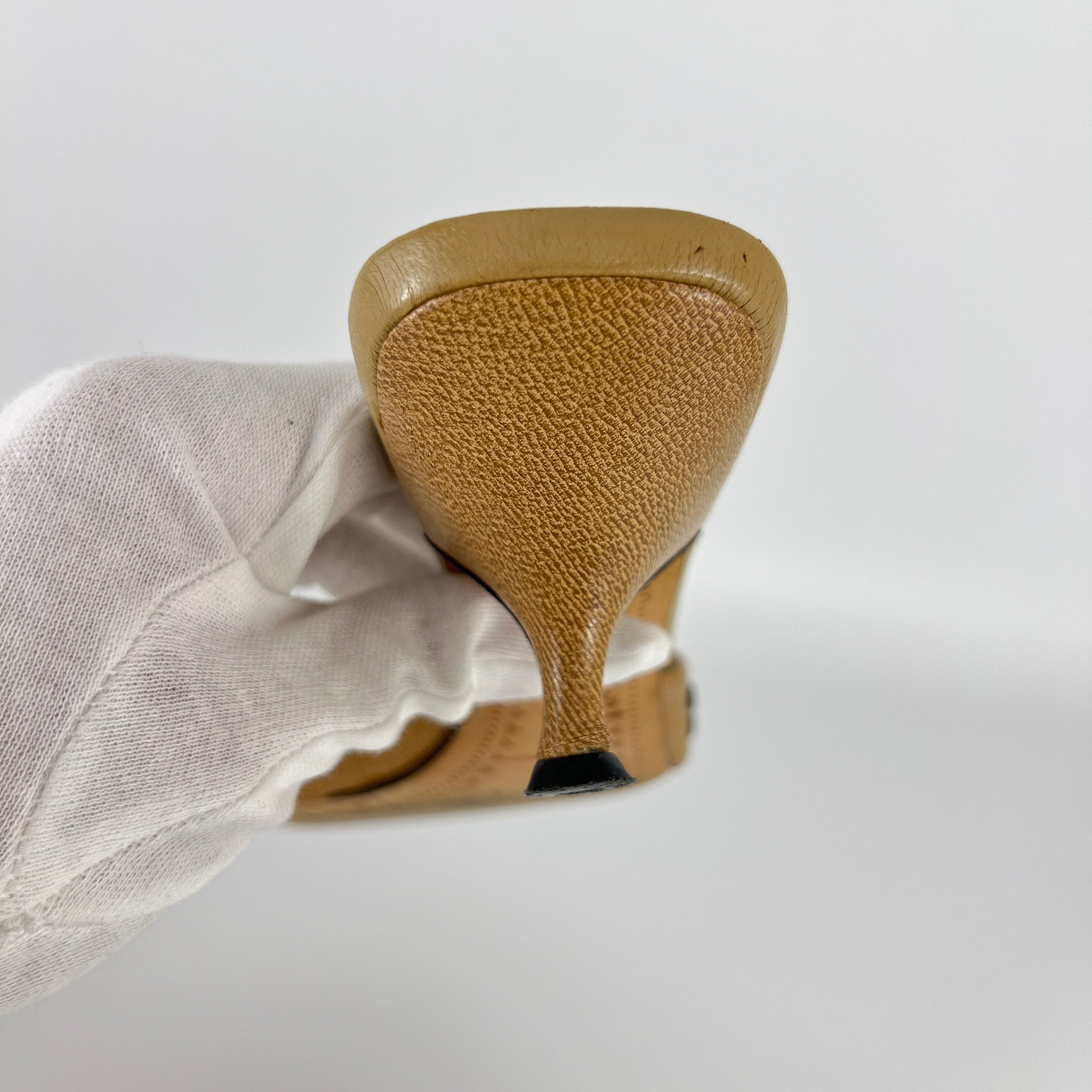 Miu Miu | Beige Tan Leather Metallic Stud Gem Kitten Heel Slide Mules (35)