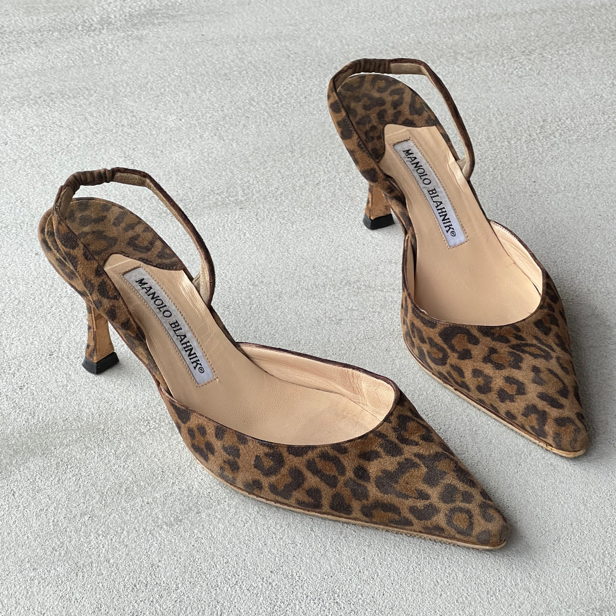 Manolo Blahnik | Carolyne Leopard Suede Leather Pointed Toe Slingback Heels (36)