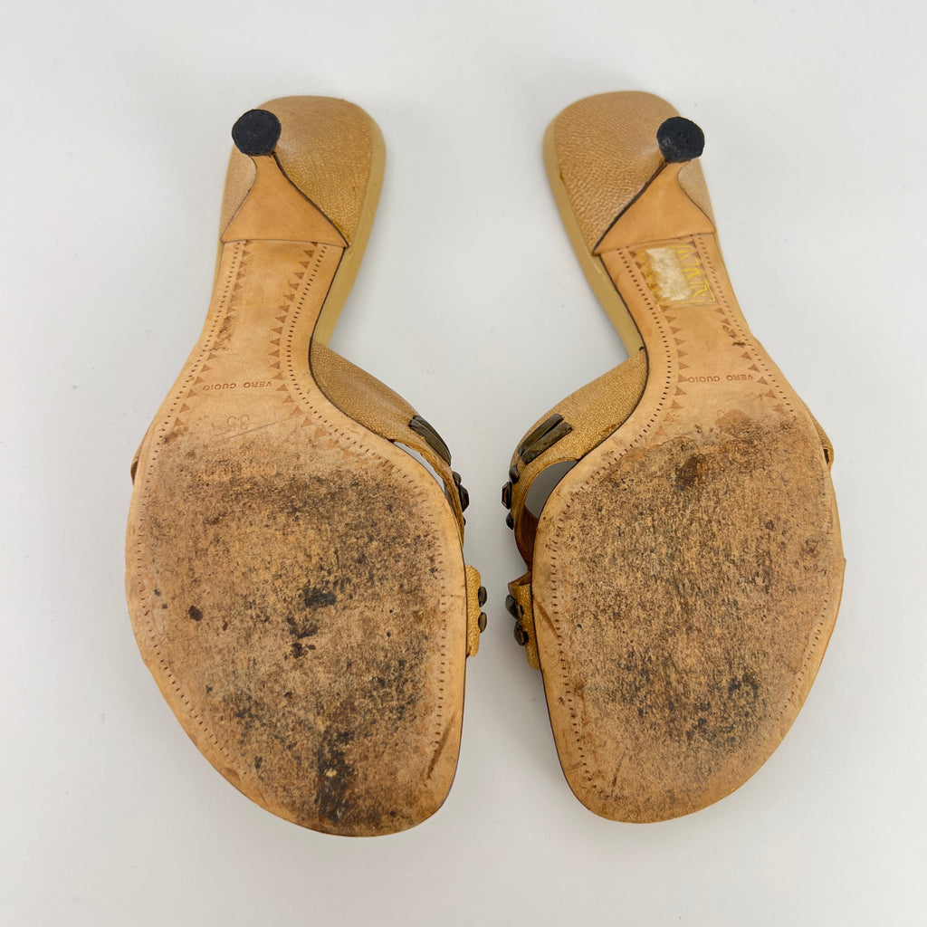 Miu Miu | Beige Tan Leather Metallic Stud Gem Kitten Heel Slide Mules (35)