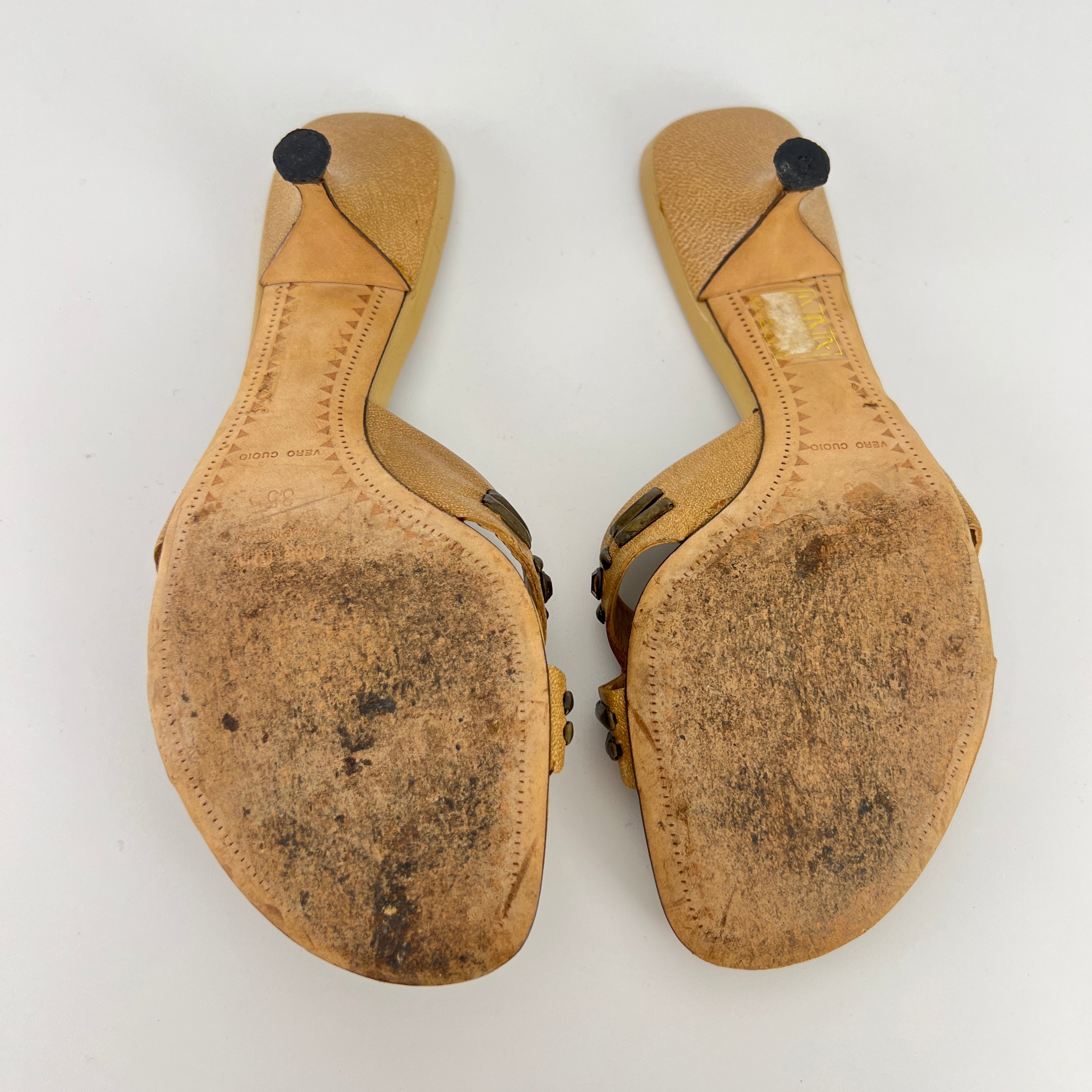 Miu Miu | Beige Tan Leather Metallic Stud Gem Kitten Heel Slide Mules (35)