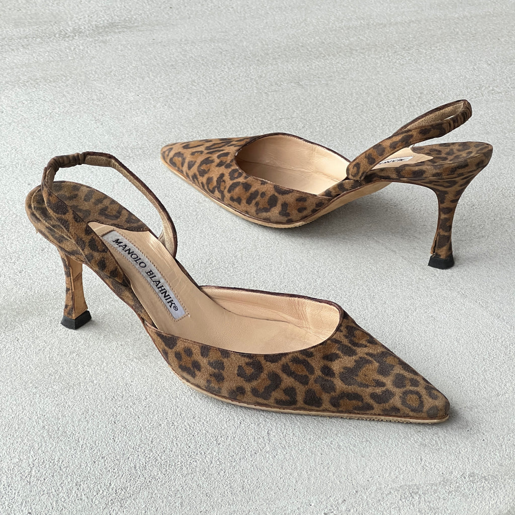 Manolo Blahnik | Carolyne Leopard Suede Leather Pointed Toe Slingback Heels (36)