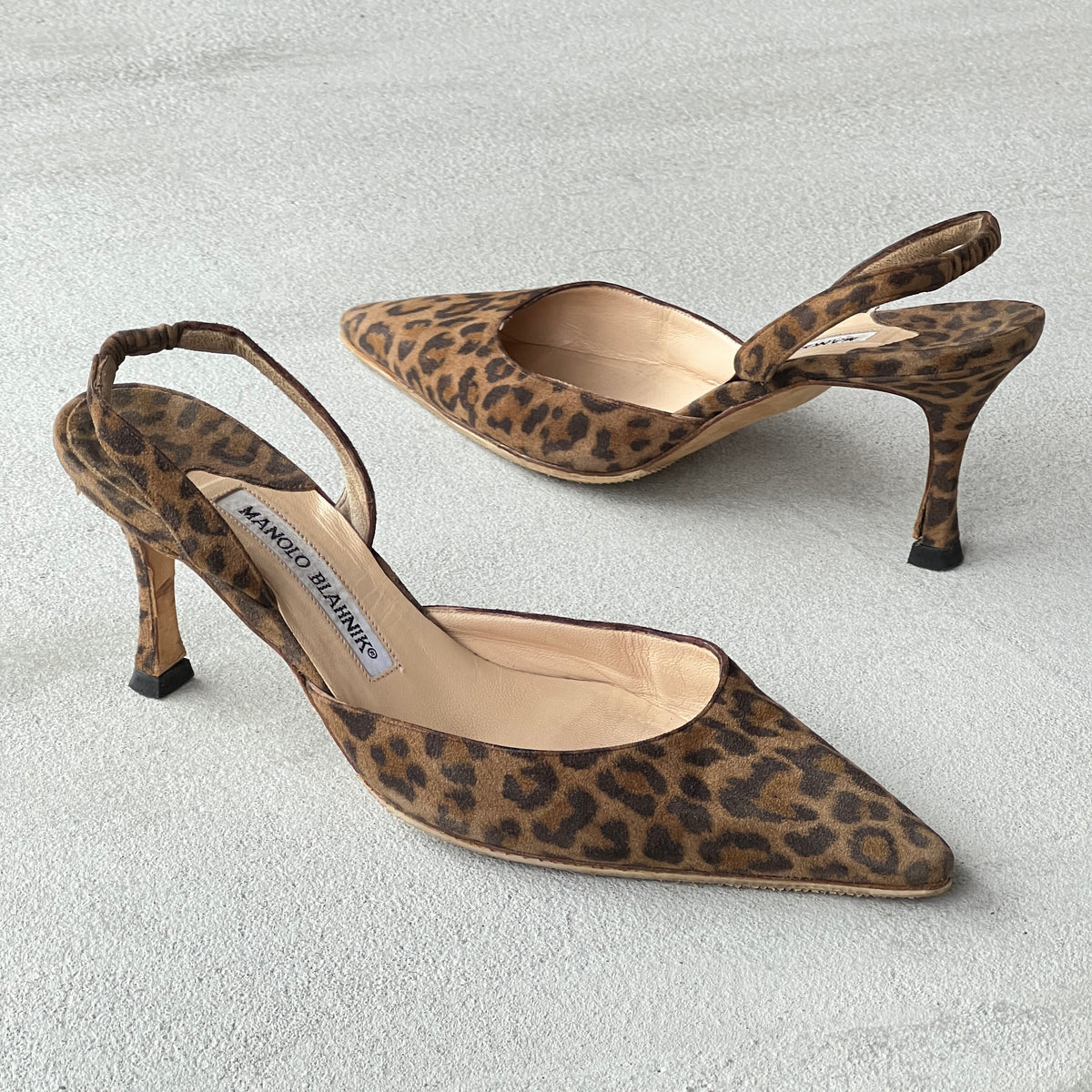 Manolo Blahnik | Carolyne Leopard Suede Leather Pointed Toe Slingback Heels (36)