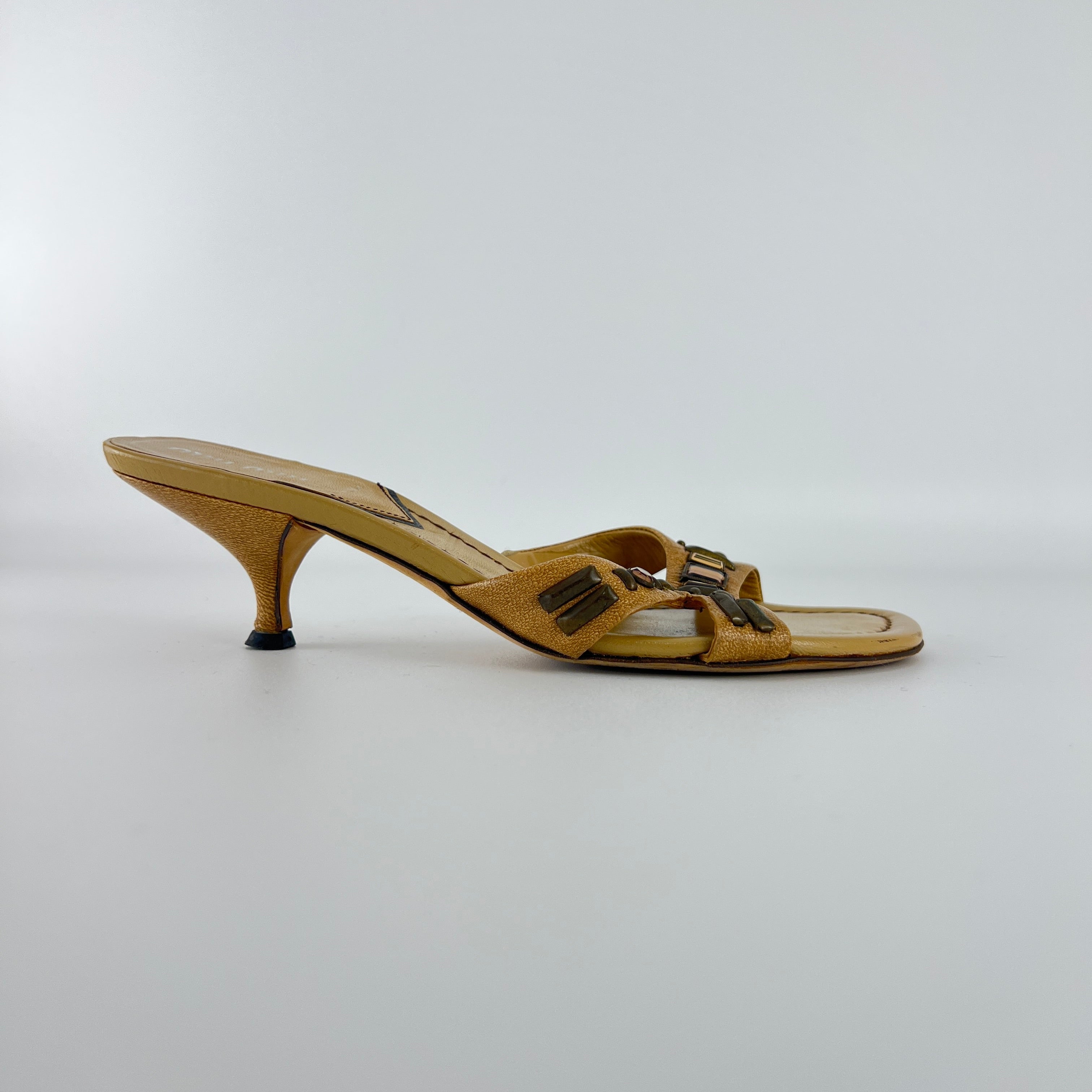 Miu Miu | Beige Tan Leather Metallic Stud Gem Kitten Heel Slide Mules (35)