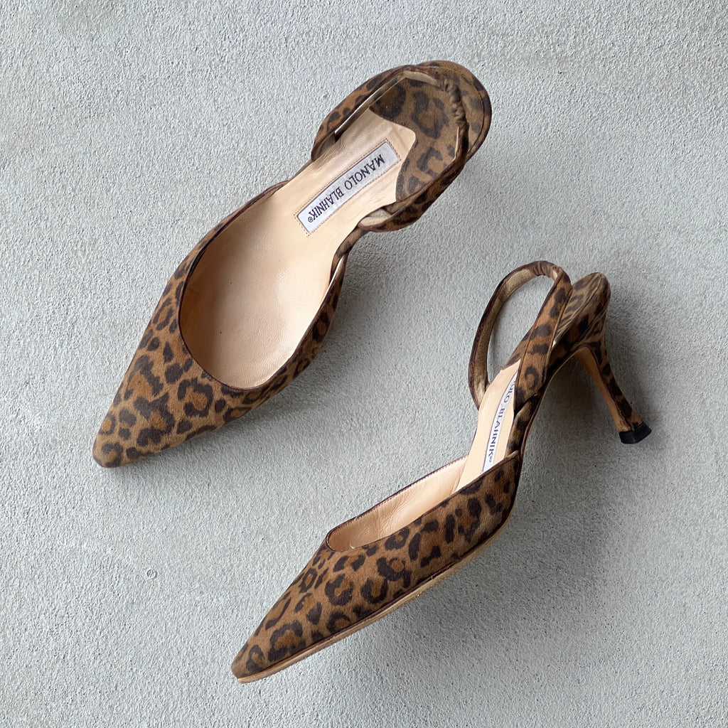 Manolo Blahnik | Carolyne Leopard Suede Leather Pointed Toe Slingback Heels (36)