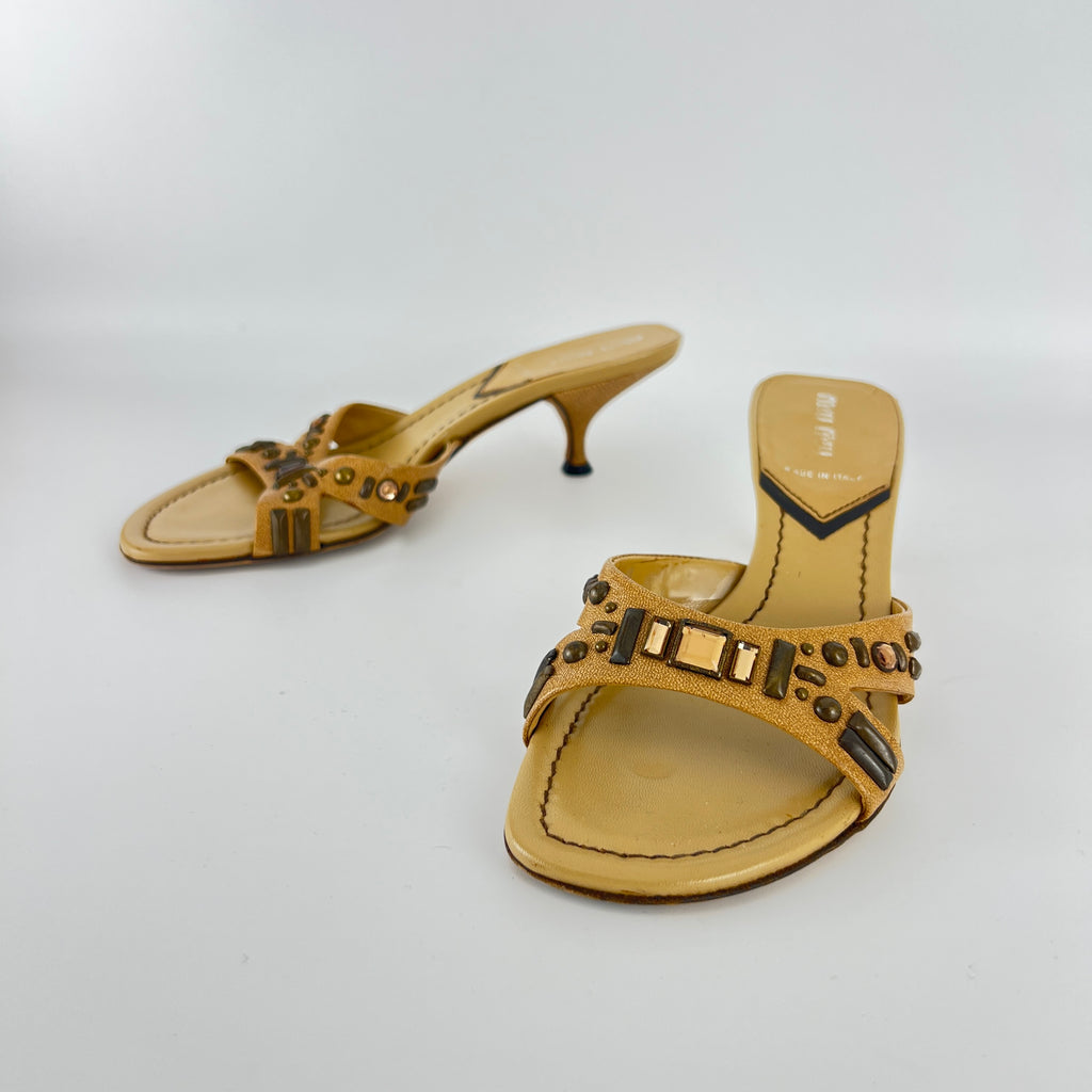 Miu Miu | Beige Tan Leather Metallic Stud Gem Kitten Heel Slide Mules (35)