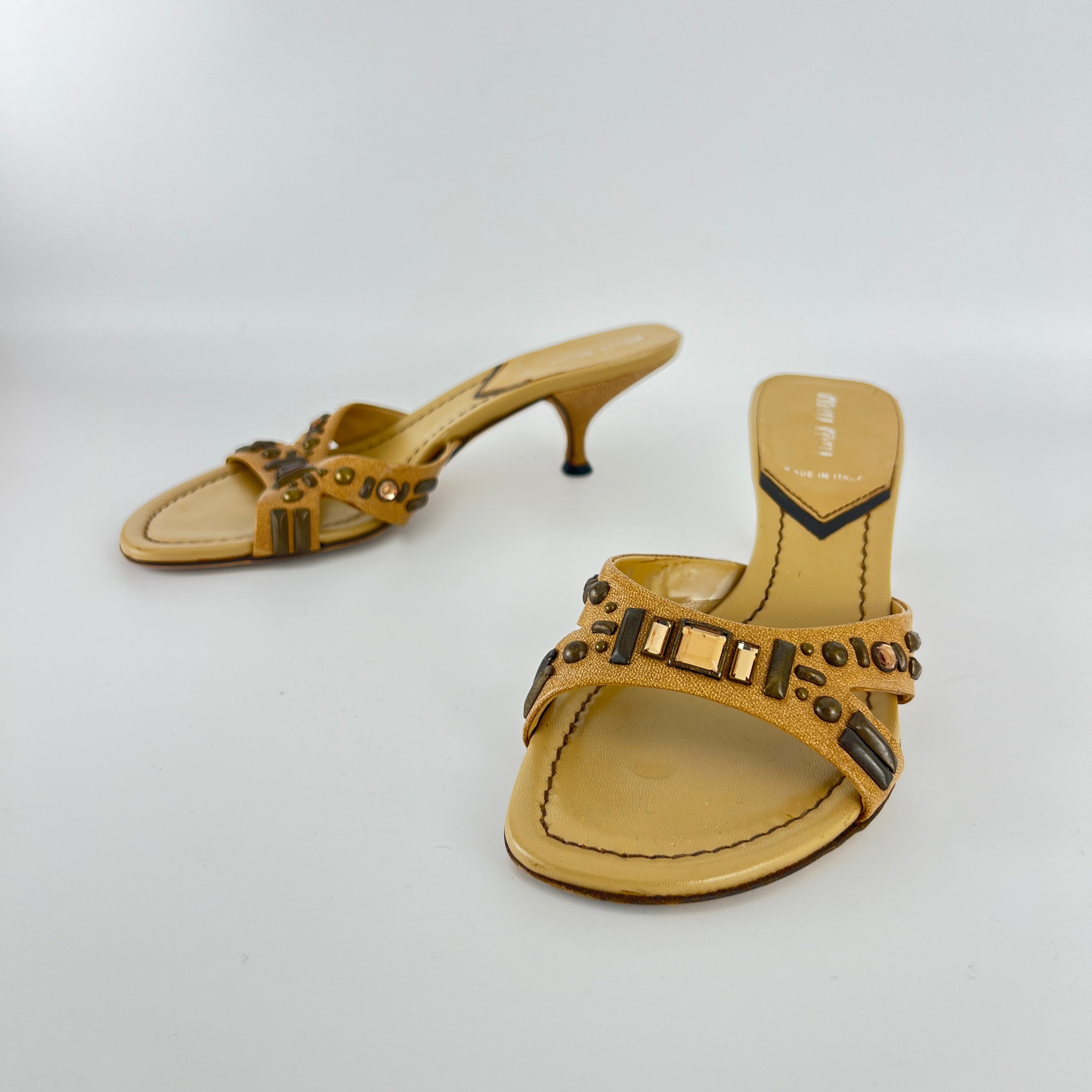 Miu Miu | Beige Tan Leather Metallic Stud Gem Kitten Heel Slide Mules (35)