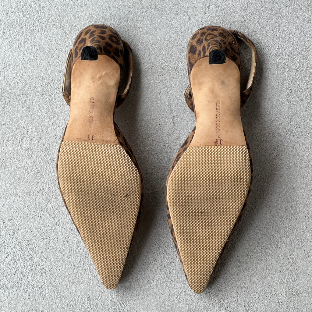 Manolo Blahnik | Carolyne Leopard Suede Leather Pointed Toe Slingback Heels (36)