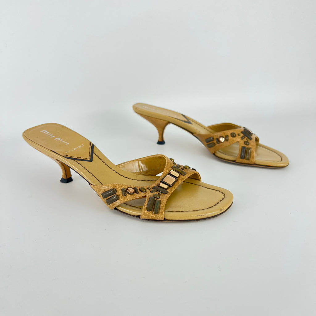 Miu Miu | Beige Tan Leather Metallic Stud Gem Kitten Heel Slide Mules (35)