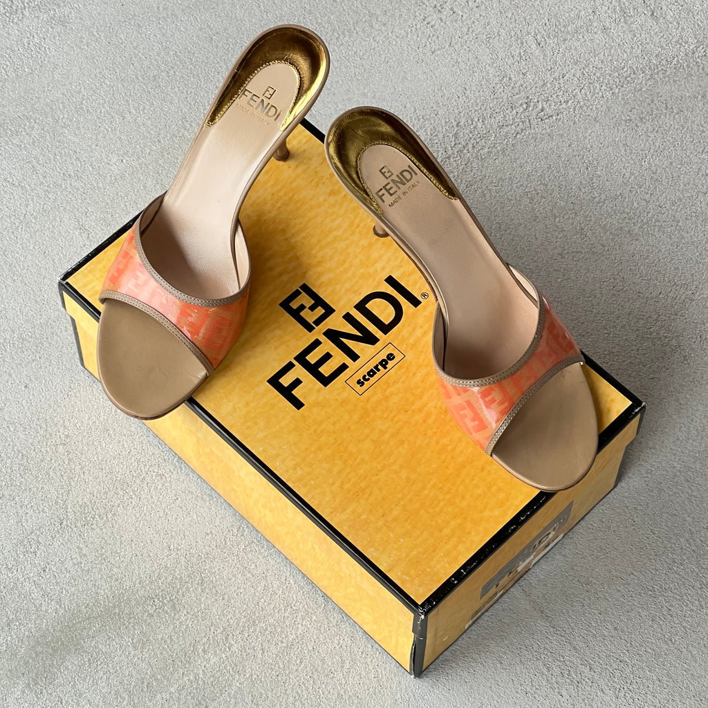 Fendi | Vintage Orange FF Zucca Tan Leather Slide Mules Rare (36.5)