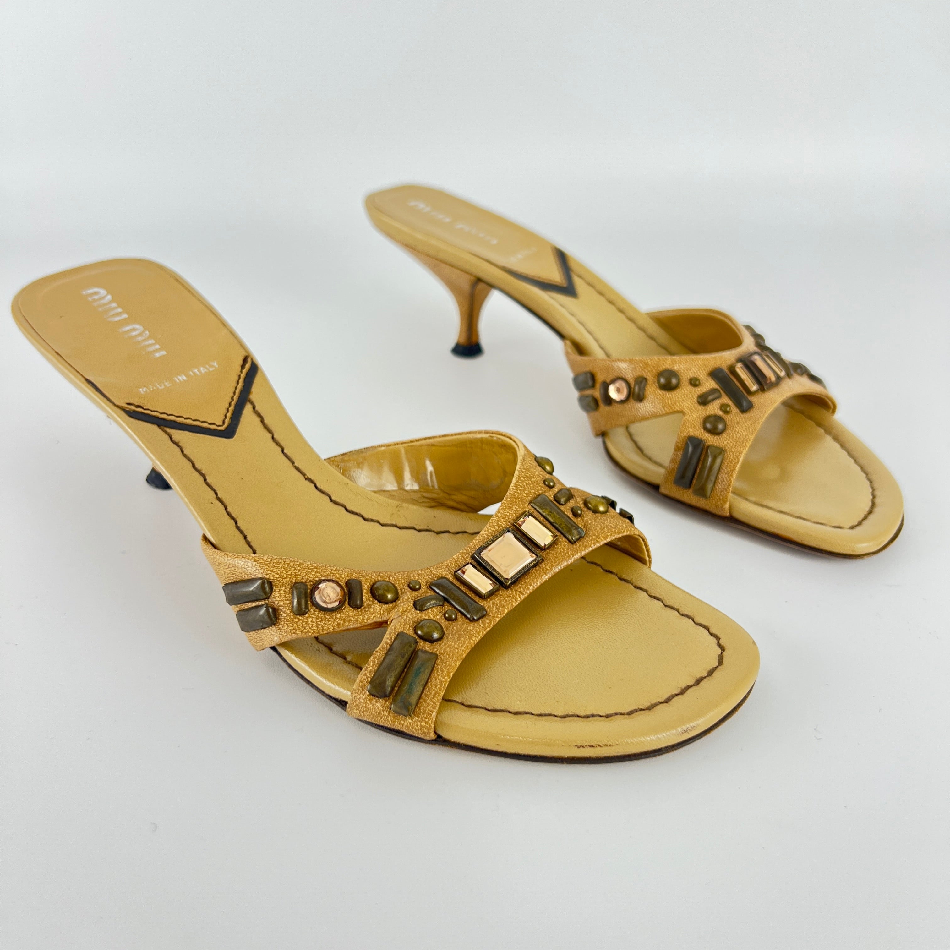 Miu Miu | Beige Tan Leather Metallic Stud Gem Kitten Heel Slide Mules (35)