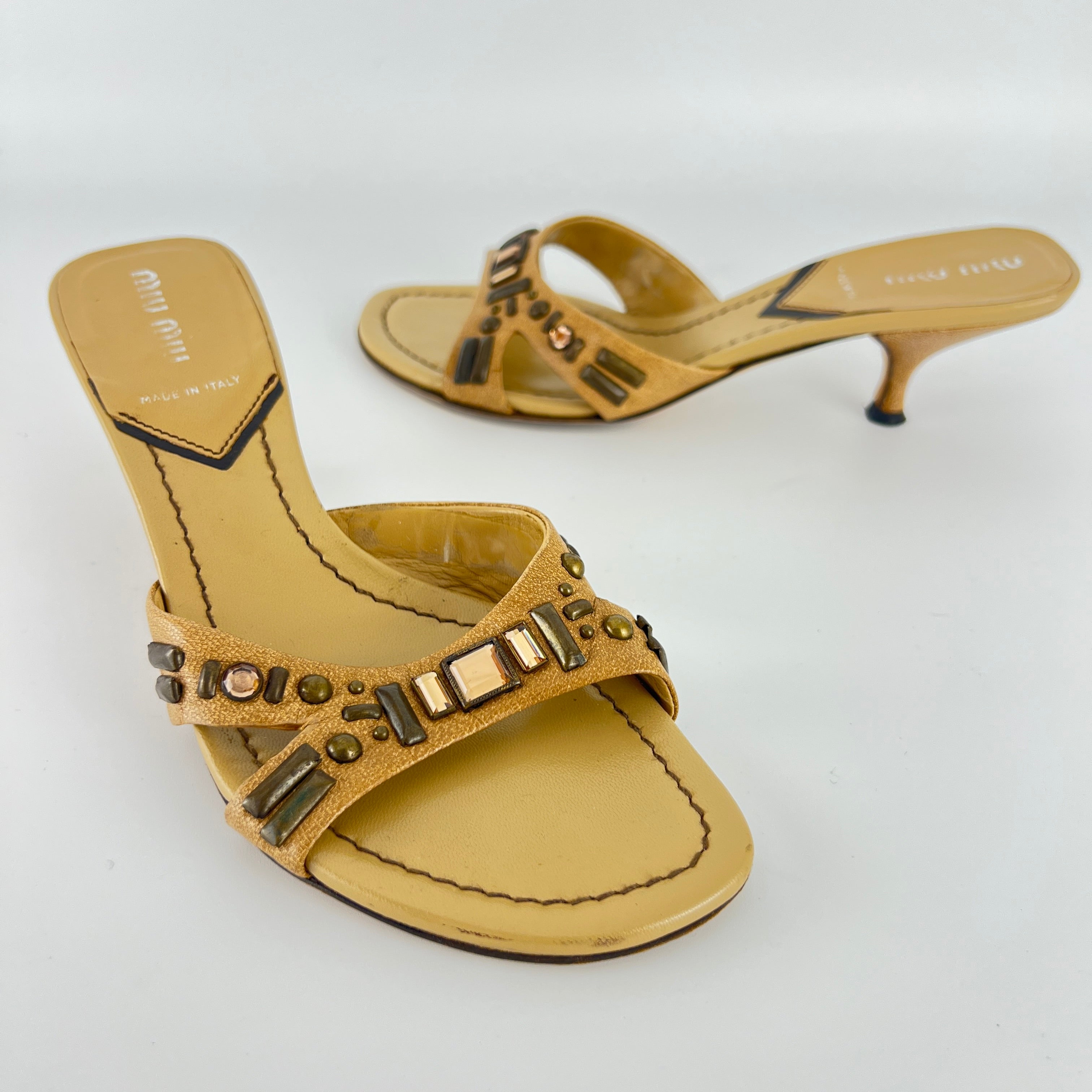 Miu Miu | Beige Tan Leather Metallic Stud Gem Kitten Heel Slide Mules (35)