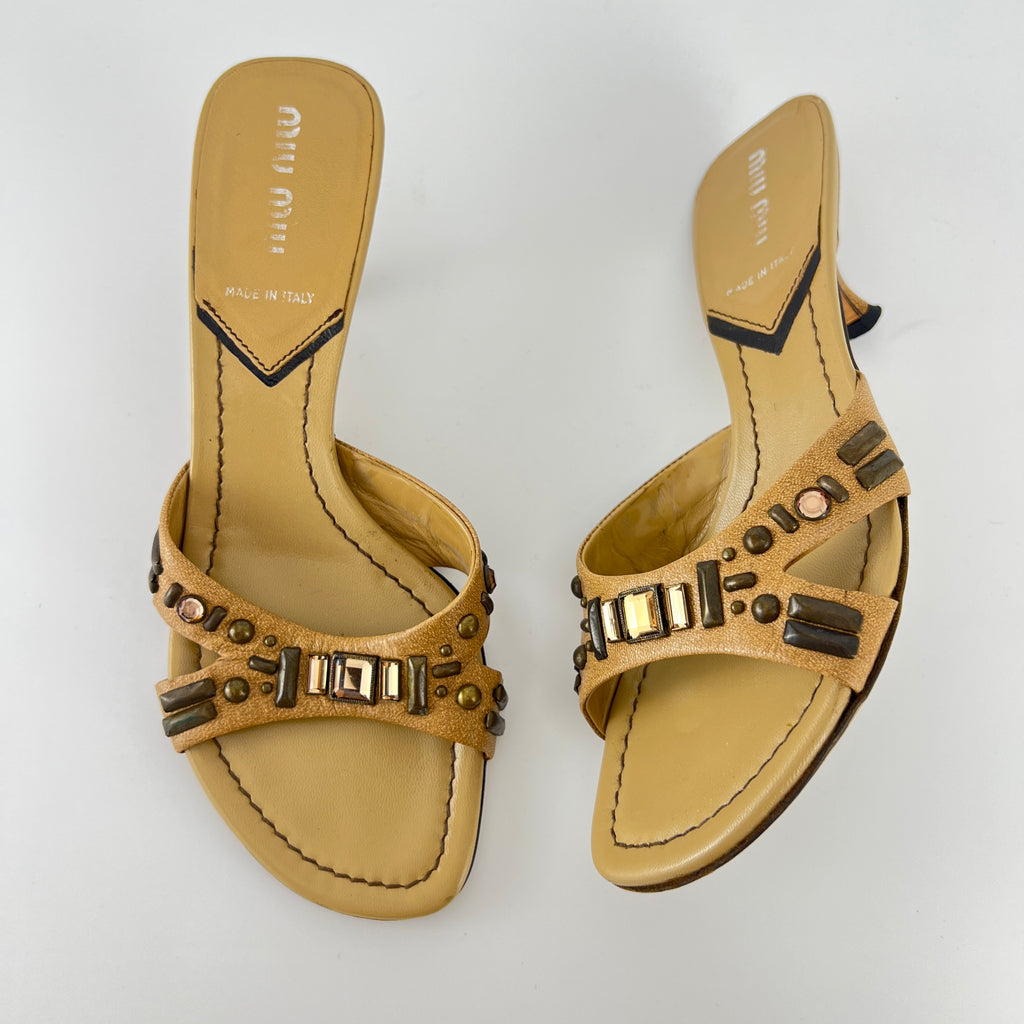 Miu Miu | Beige Tan Leather Metallic Stud Gem Kitten Heel Slide Mules (35)