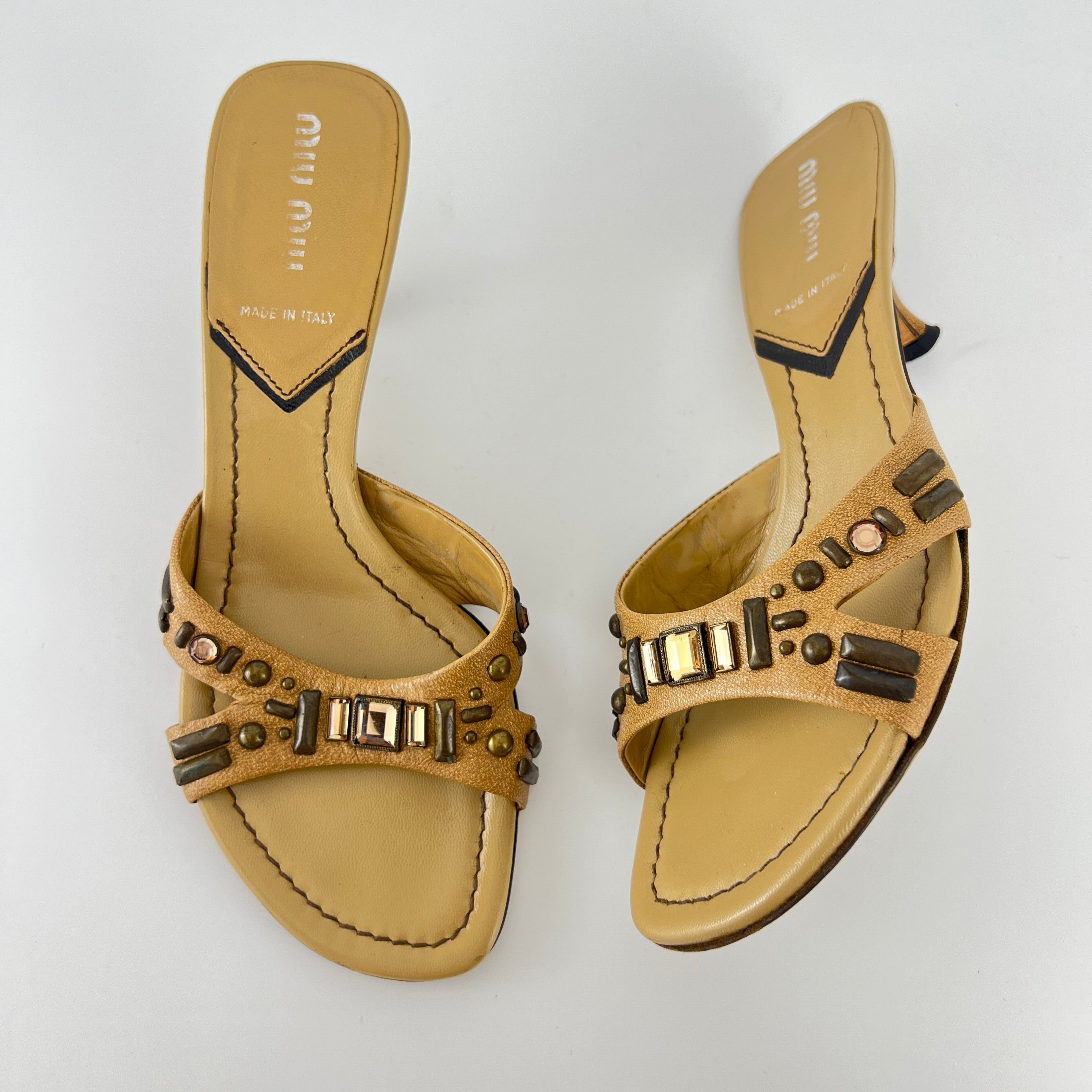 Miu Miu | Beige Tan Leather Metallic Stud Gem Kitten Heel Slide Mules (35)
