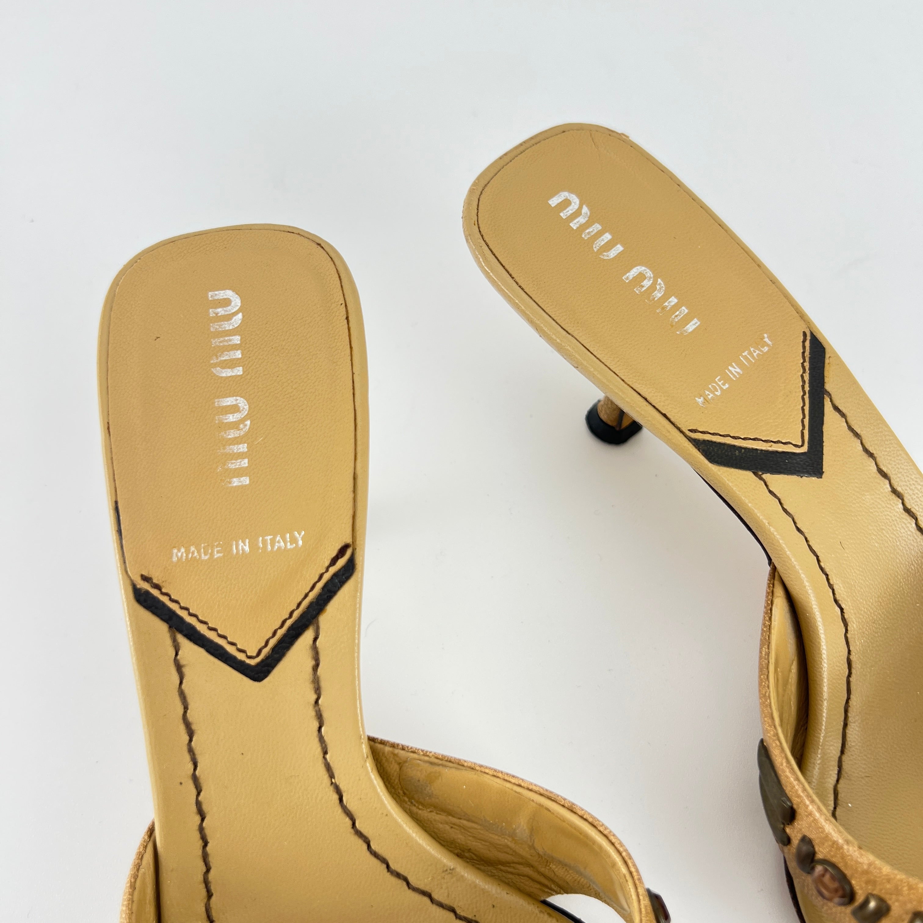 Miu Miu | Beige Tan Leather Metallic Stud Gem Kitten Heel Slide Mules (35)