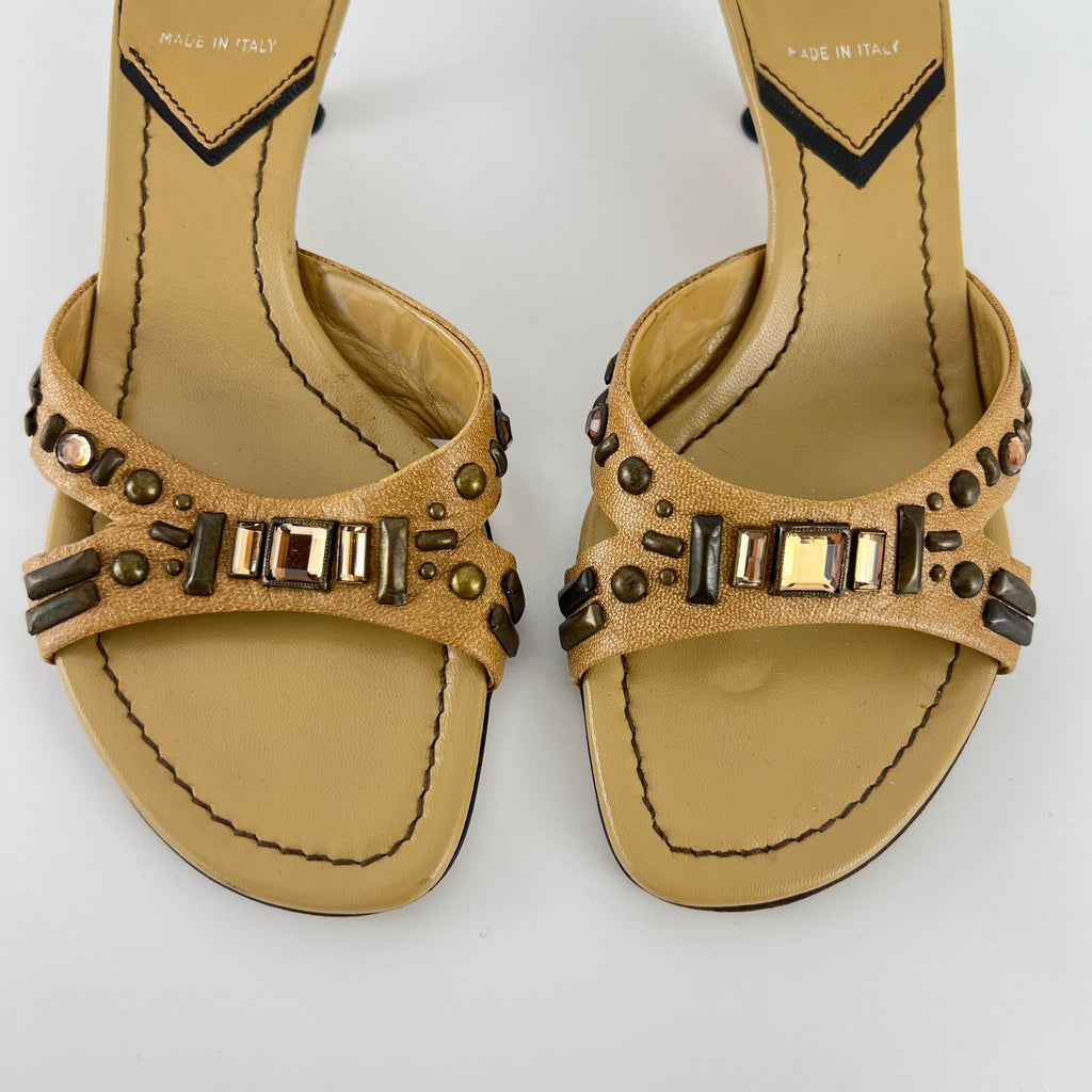 Miu Miu | Beige Tan Leather Metallic Stud Gem Kitten Heel Slide Mules (35)