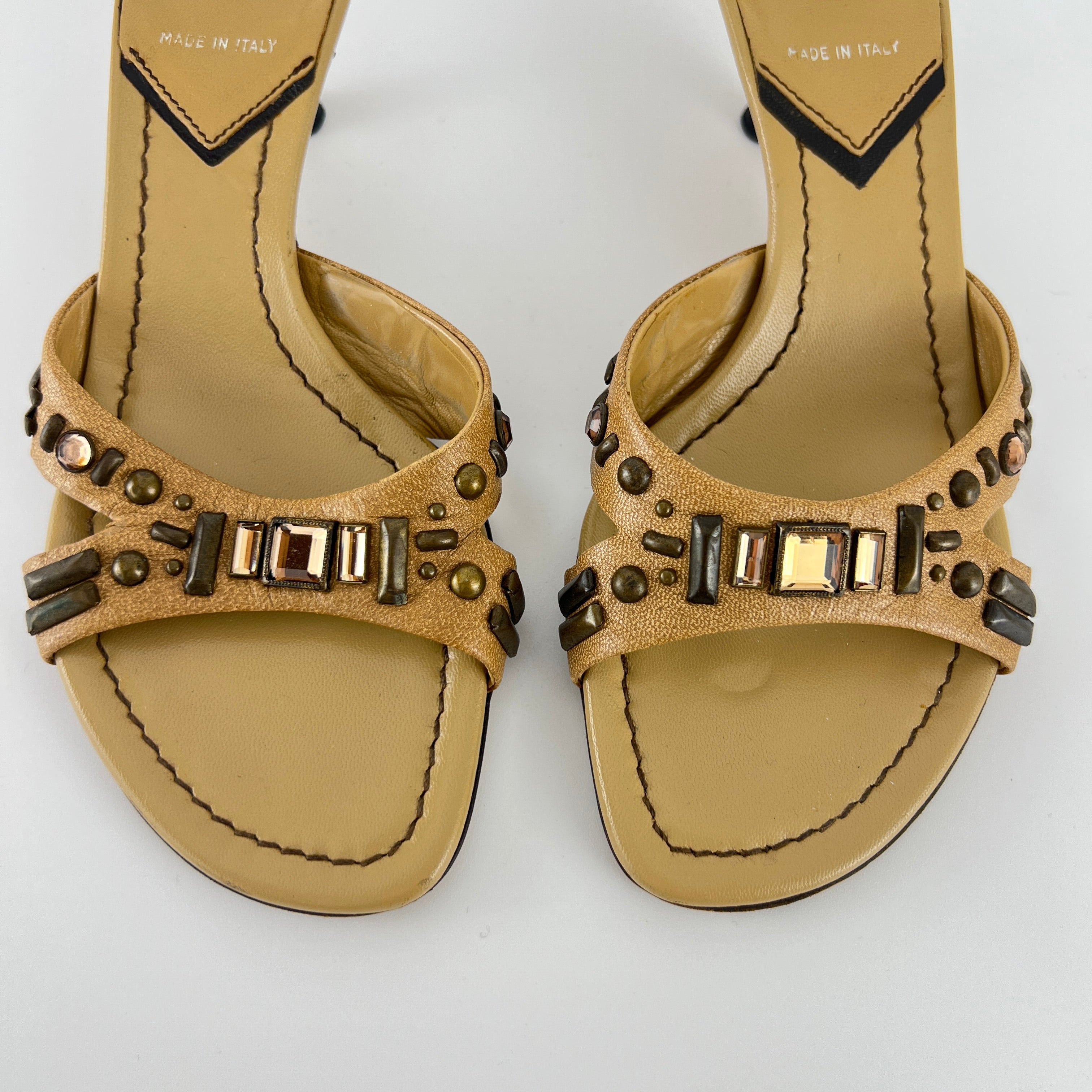 Miu Miu | Beige Tan Leather Metallic Stud Gem Kitten Heel Slide Mules (35)