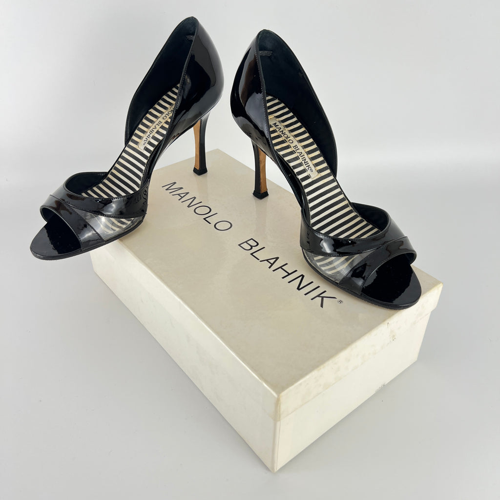 Manolo Blahnik | Canti Black Patent Leather Striped PVC D'Orsay Pump (36.5)