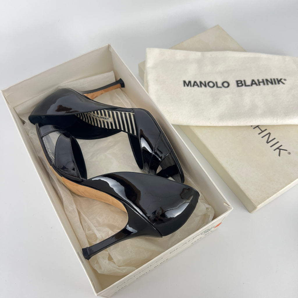 Manolo Blahnik | Canti Black Patent Leather Striped PVC D'Orsay Pump (36.5)