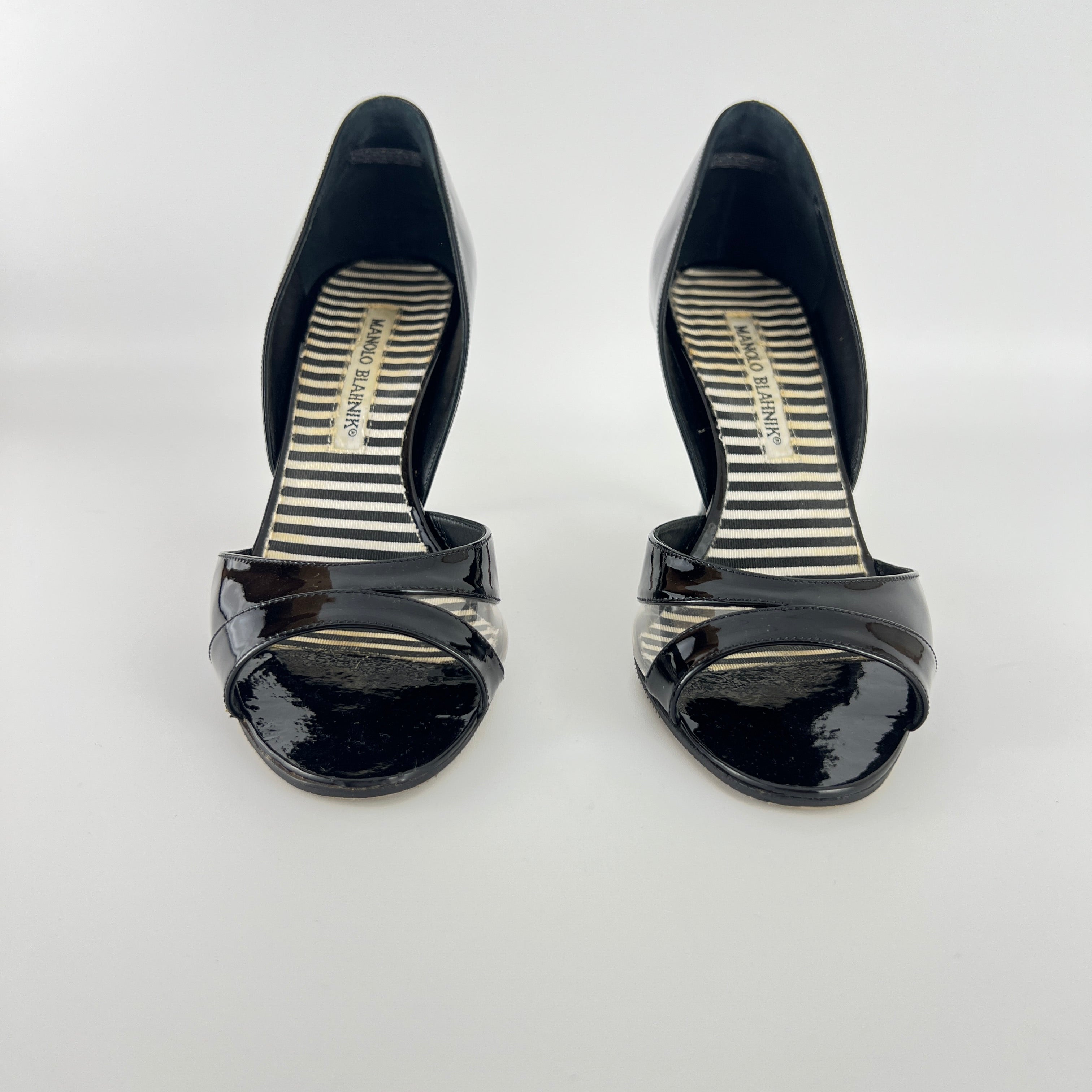 Manolo Blahnik | Canti Black Patent Leather Striped PVC D'Orsay Pump (36.5)