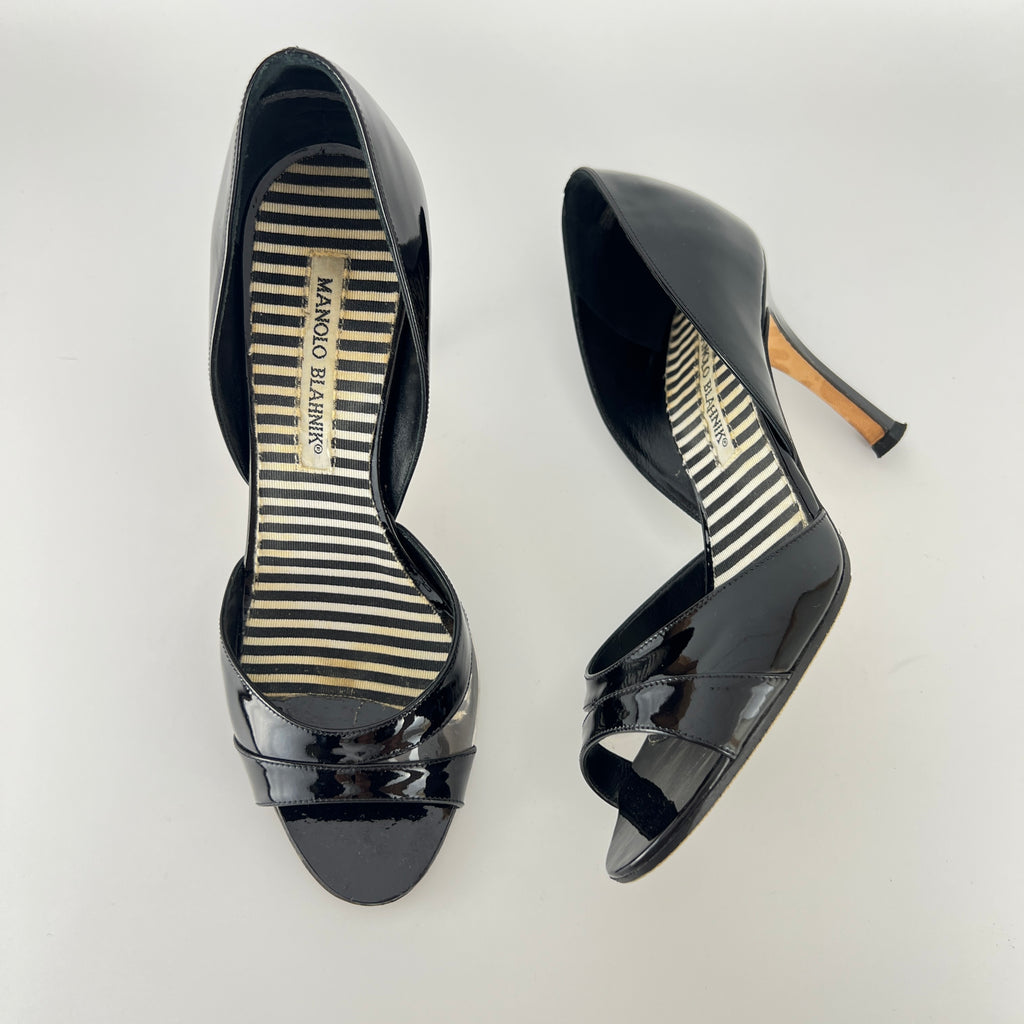 Manolo Blahnik | Canti Black Patent Leather Striped PVC D'Orsay Pump (36.5)