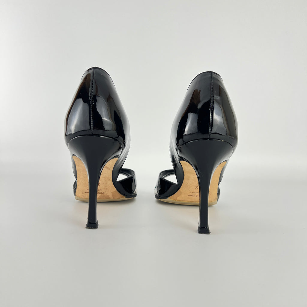 Manolo Blahnik | Canti Black Patent Leather Striped PVC D'Orsay Pump (36.5)
