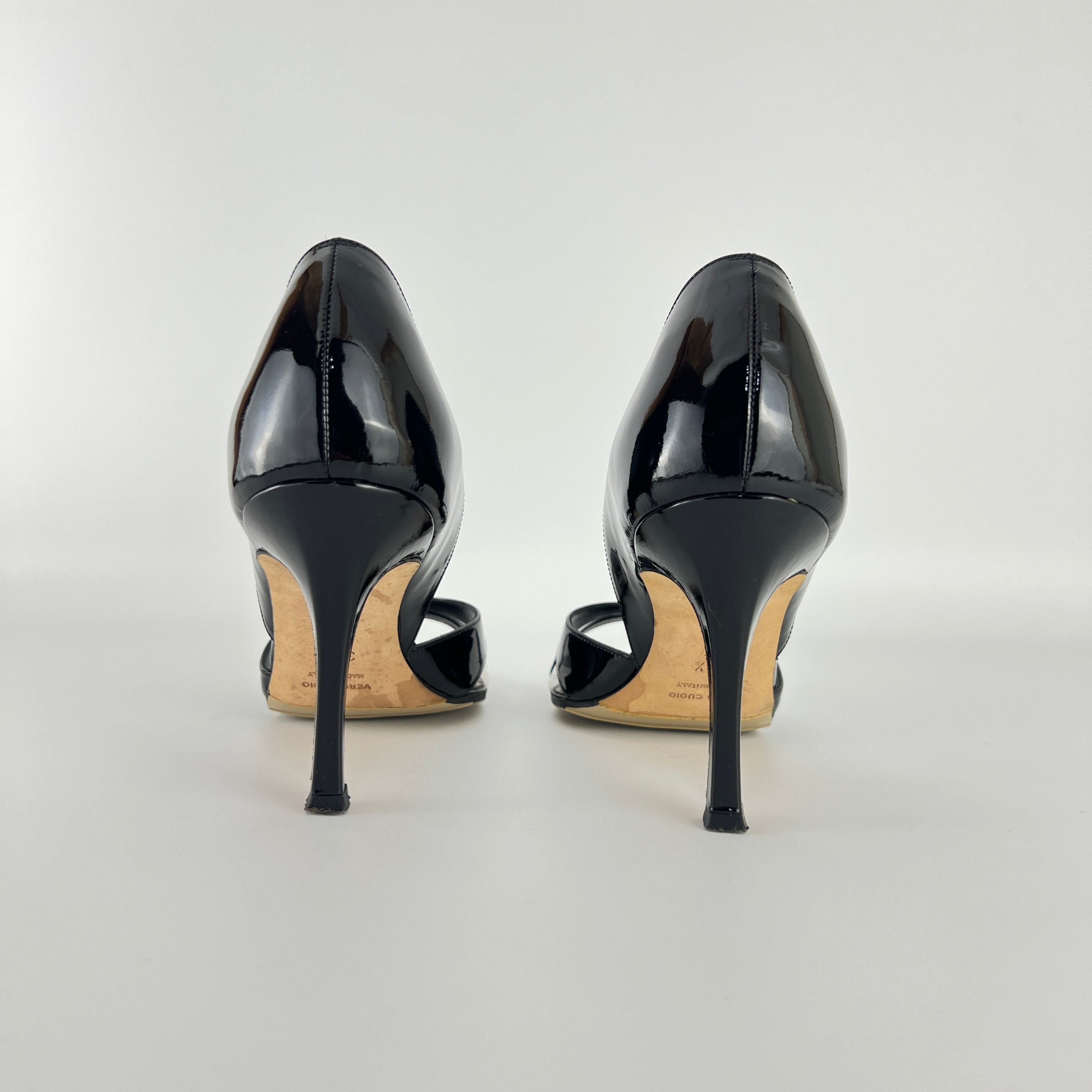 Manolo Blahnik | Canti Black Patent Leather Striped PVC D'Orsay Pump (36.5)