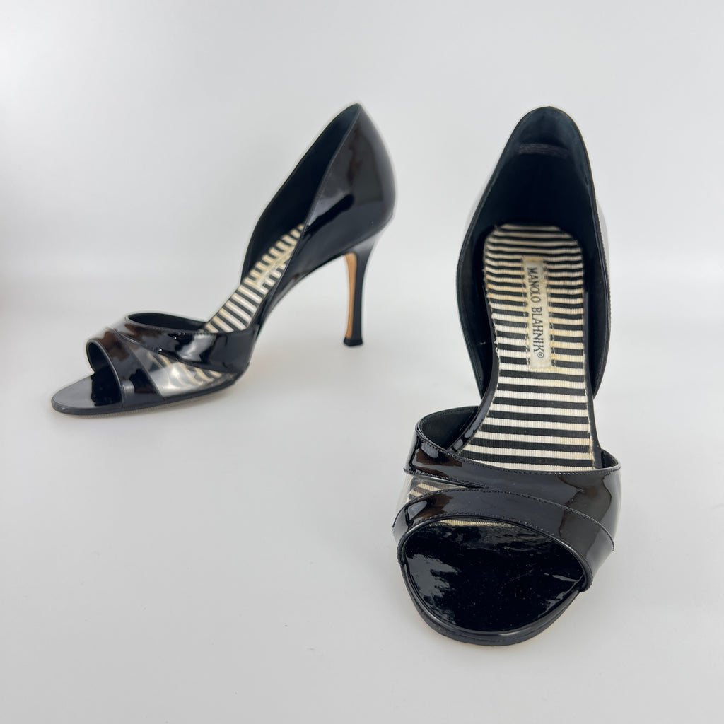 Manolo Blahnik | Canti Black Patent Leather Striped PVC D'Orsay Pump (36.5)