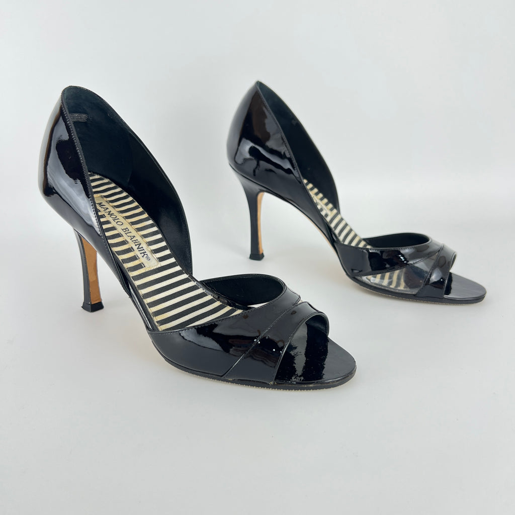 Manolo Blahnik | Canti Black Patent Leather Striped PVC D'Orsay Pump (36.5)