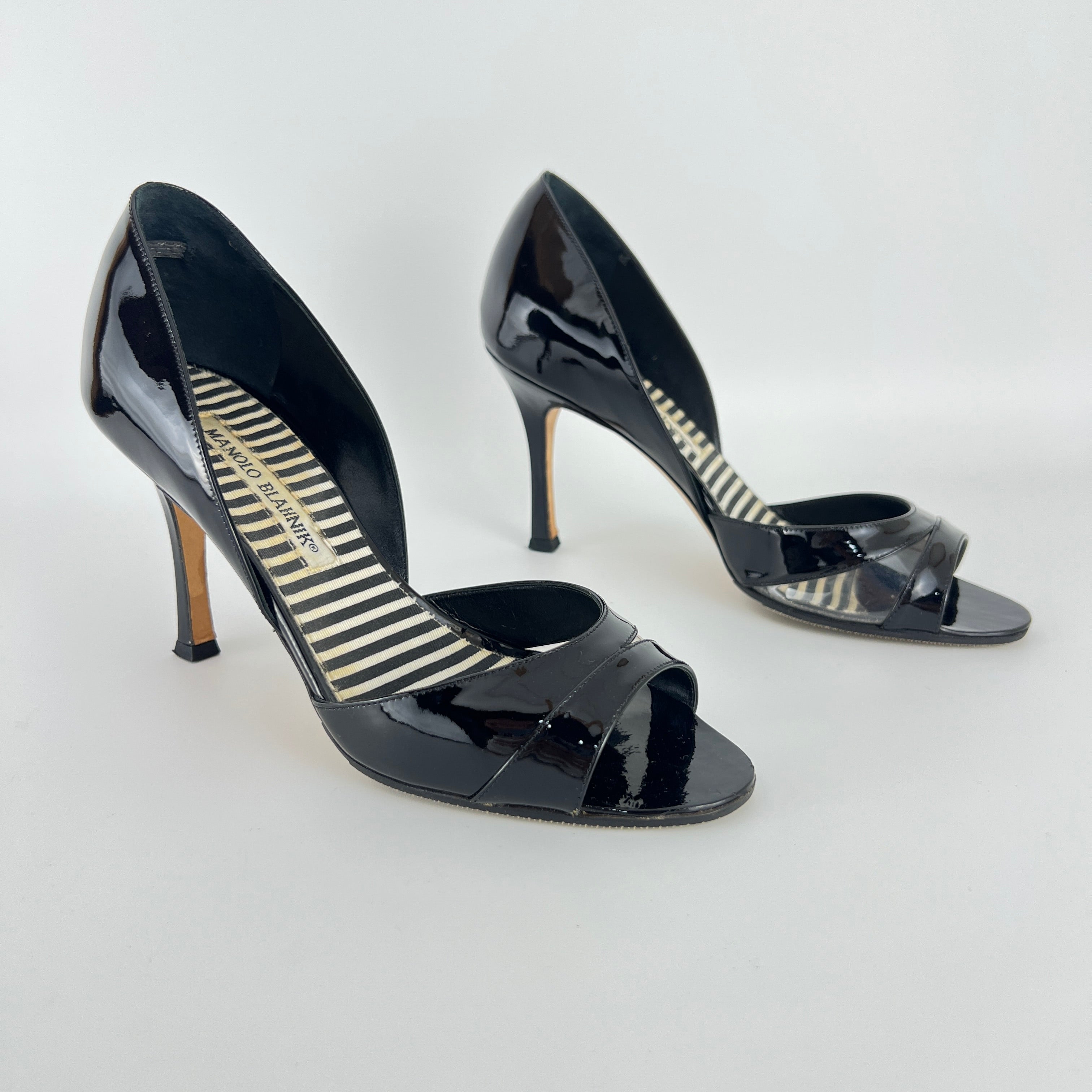 Manolo Blahnik | Canti Black Patent Leather Striped PVC D'Orsay Pump (36.5)