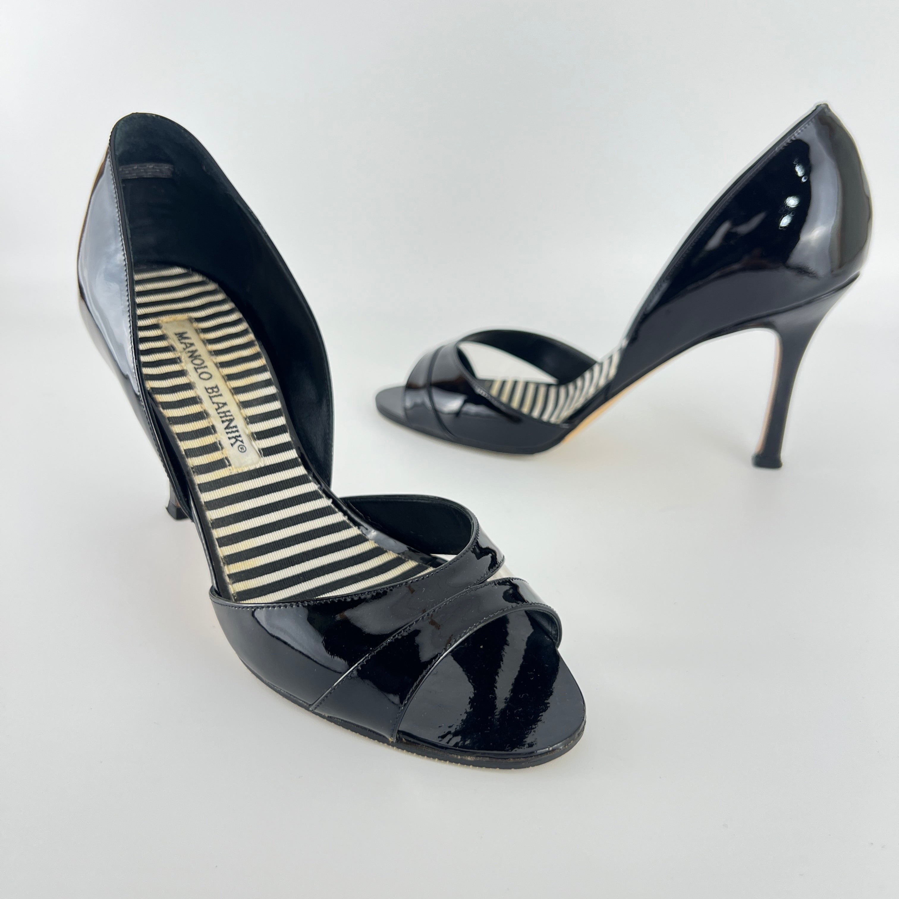 Manolo Blahnik | Canti Black Patent Leather Striped PVC D'Orsay Pump (36.5)