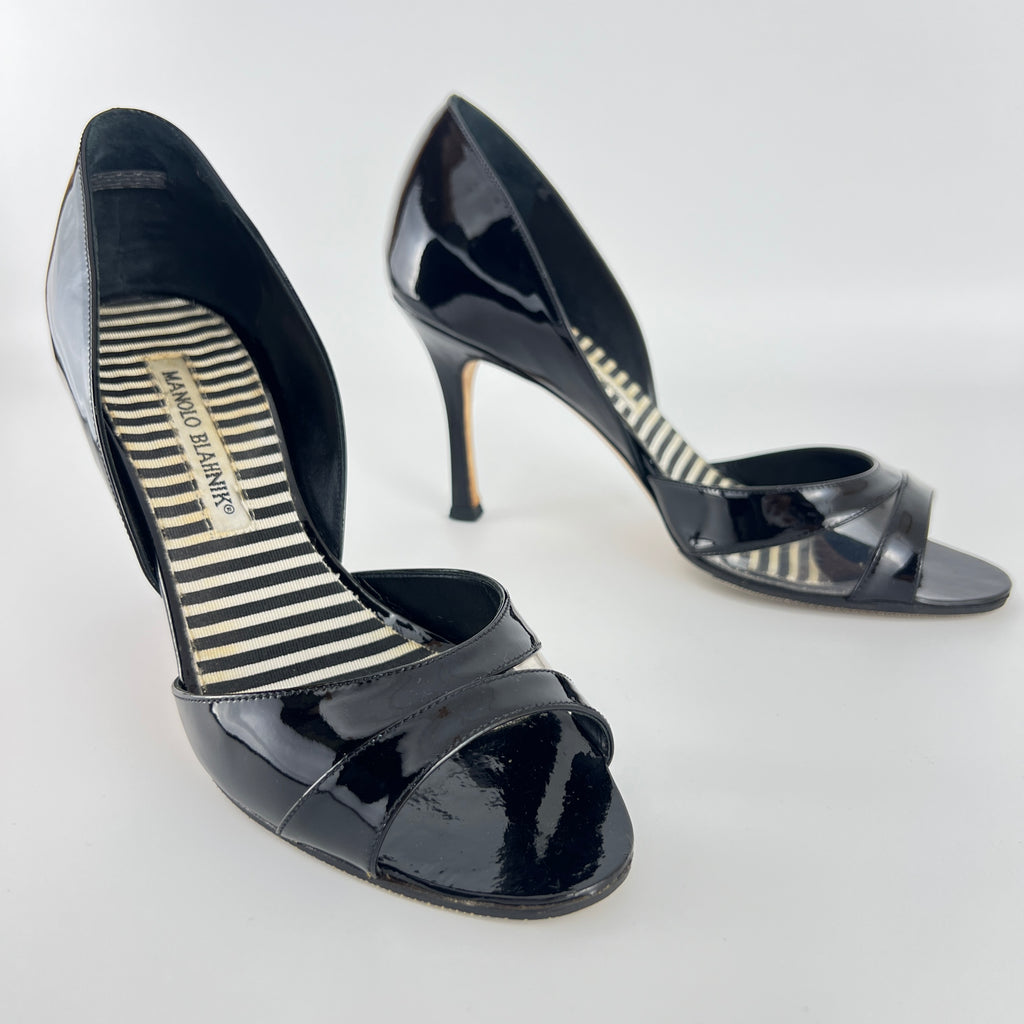 Manolo Blahnik | Canti Black Patent Leather Striped PVC D'Orsay Pump (36.5)