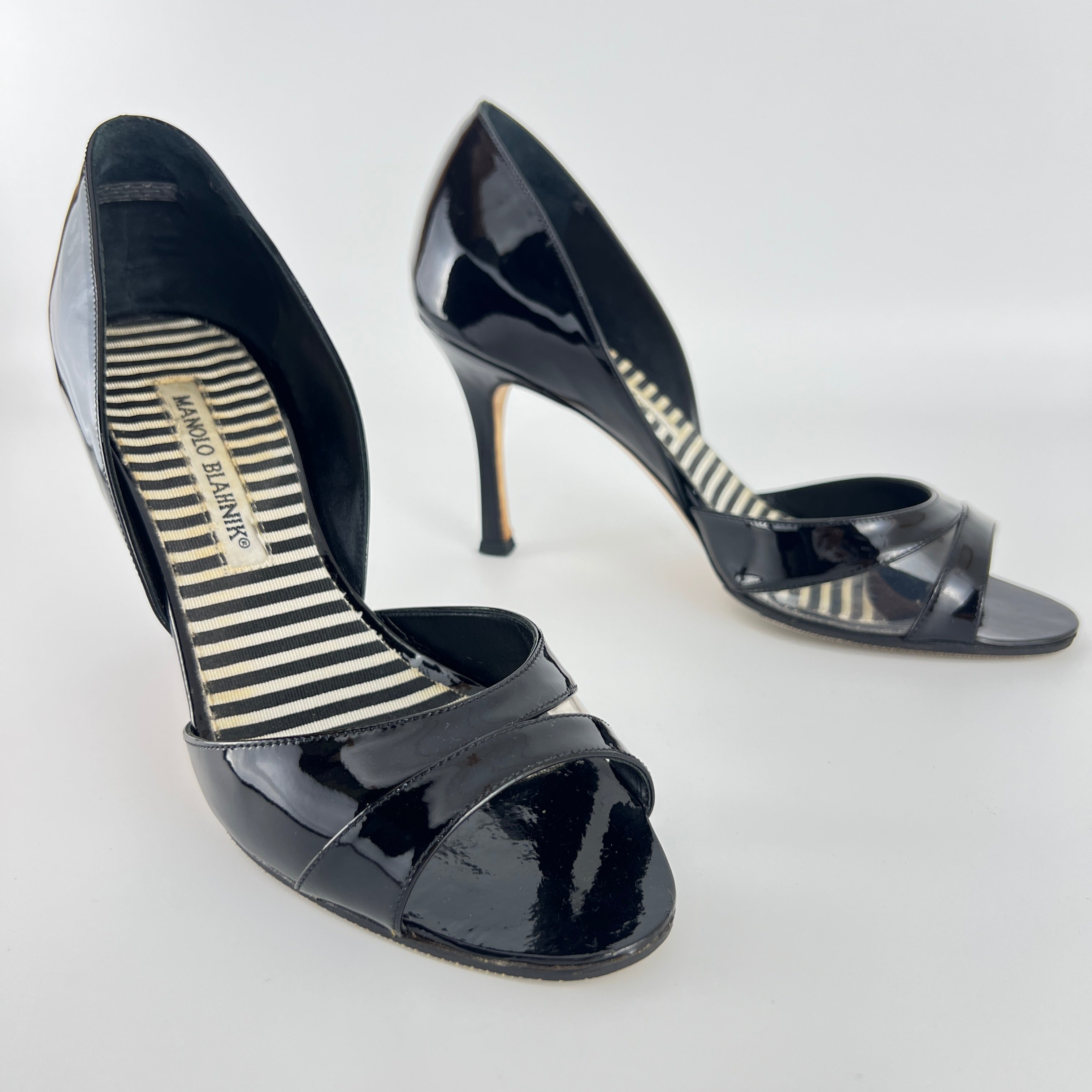 Manolo Blahnik | Canti Black Patent Leather Striped PVC D'Orsay Pump (36.5)