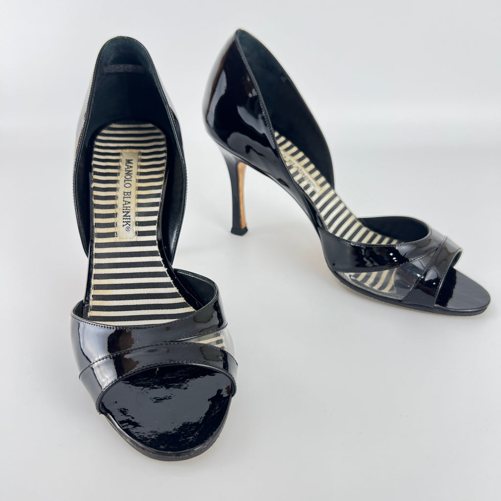 Manolo Blahnik | Canti Black Patent Leather Striped PVC D'Orsay Pump (36.5)