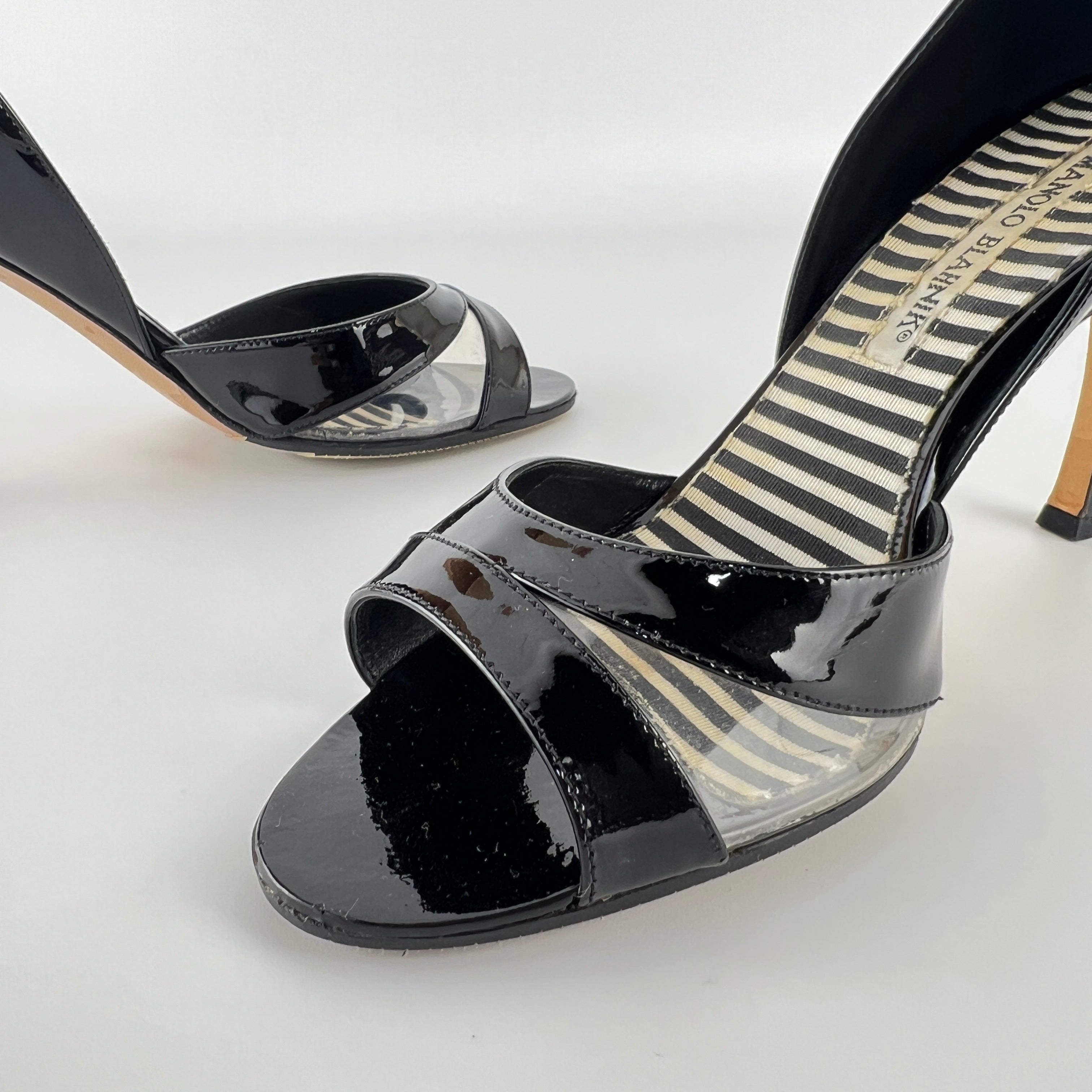 Manolo Blahnik | Canti Black Patent Leather Striped PVC D'Orsay Pump (36.5)