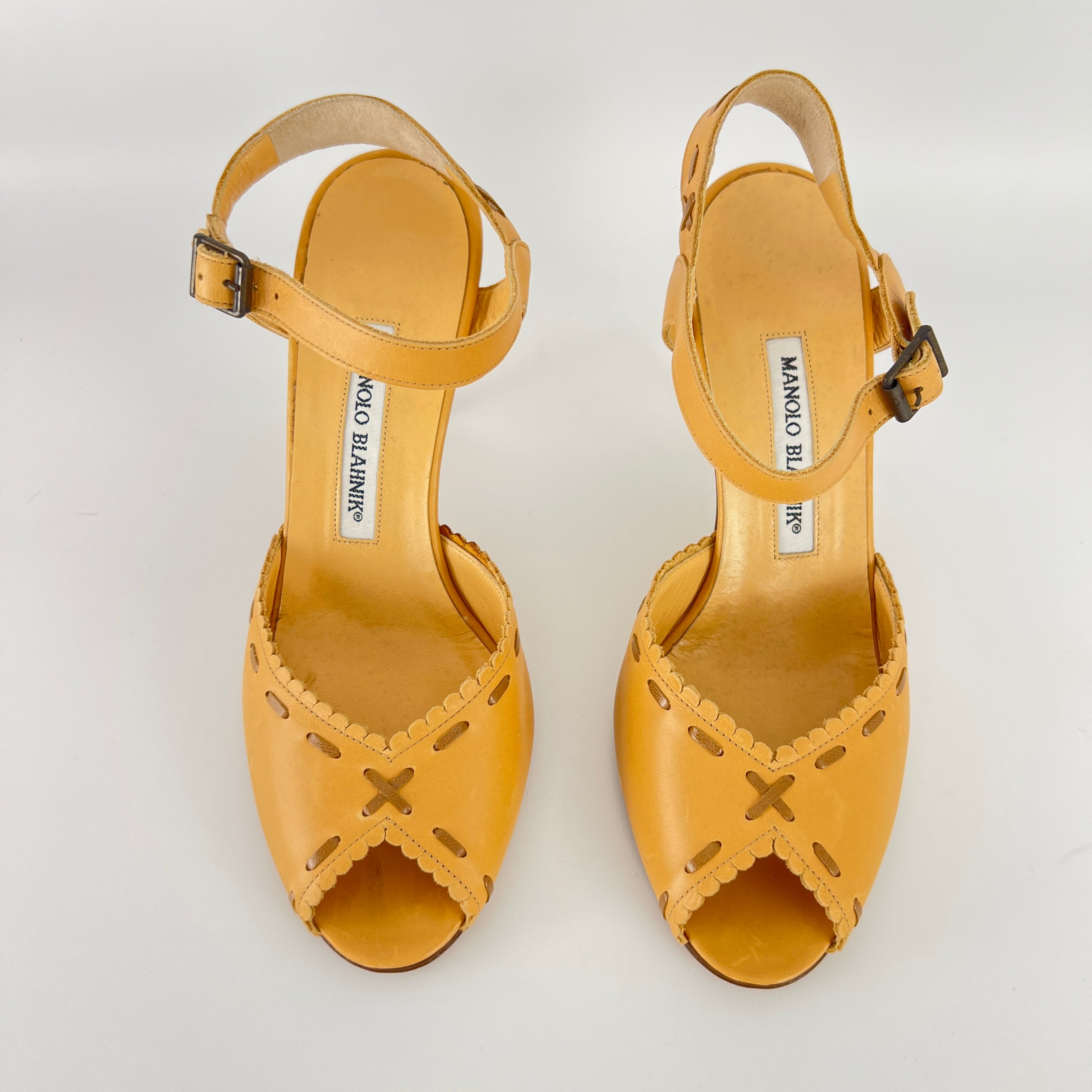 Manolo Blahnik | Tan Camel Leather Top Stitch Peep Toe Ankle Strap Heels (37)
