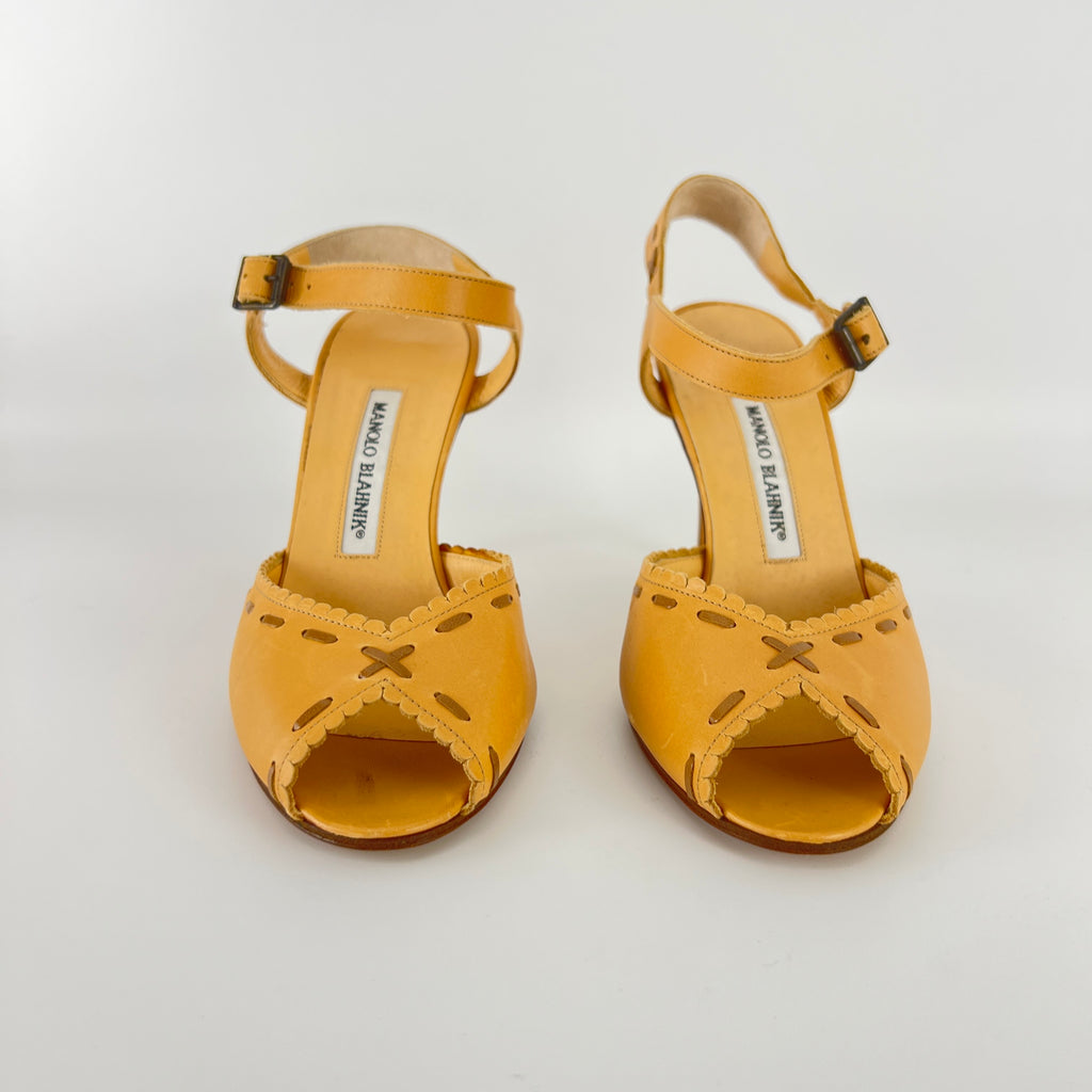 Manolo Blahnik | Tan Camel Leather Top Stitch Peep Toe Ankle Strap Heels (37)