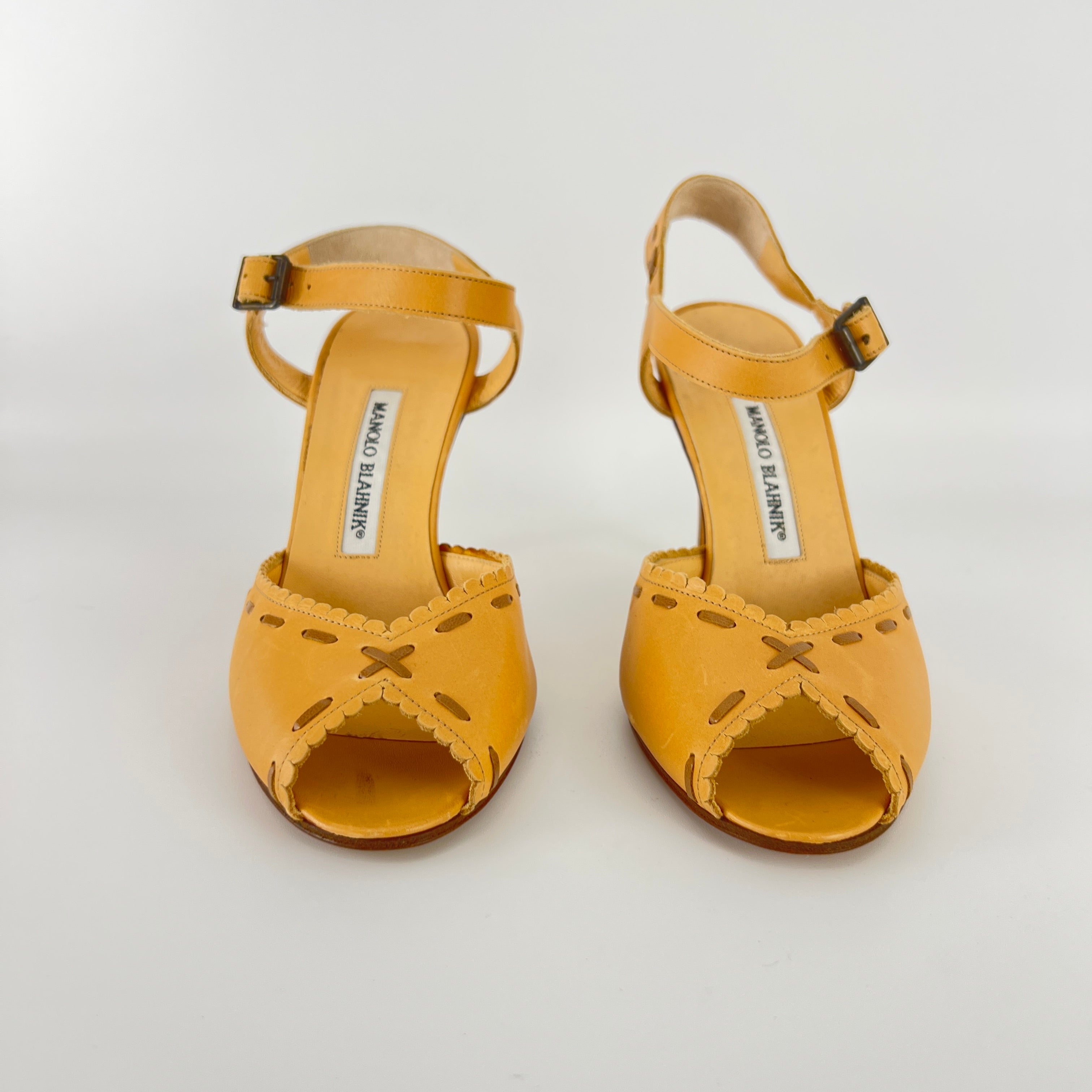 Manolo Blahnik | Tan Camel Leather Top Stitch Peep Toe Ankle Strap Heels (37)