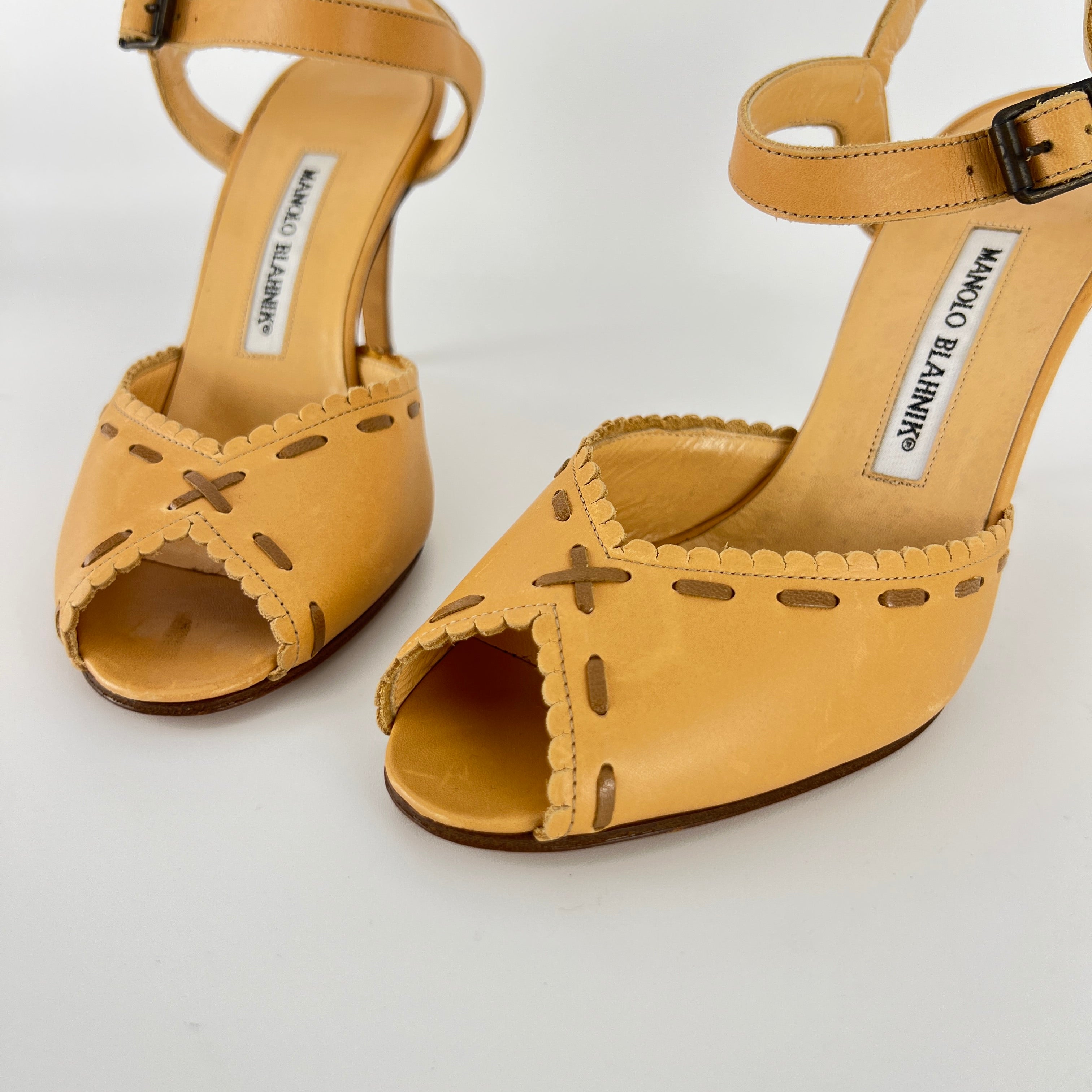 Manolo Blahnik | Tan Camel Leather Top Stitch Peep Toe Ankle Strap Heels (37)