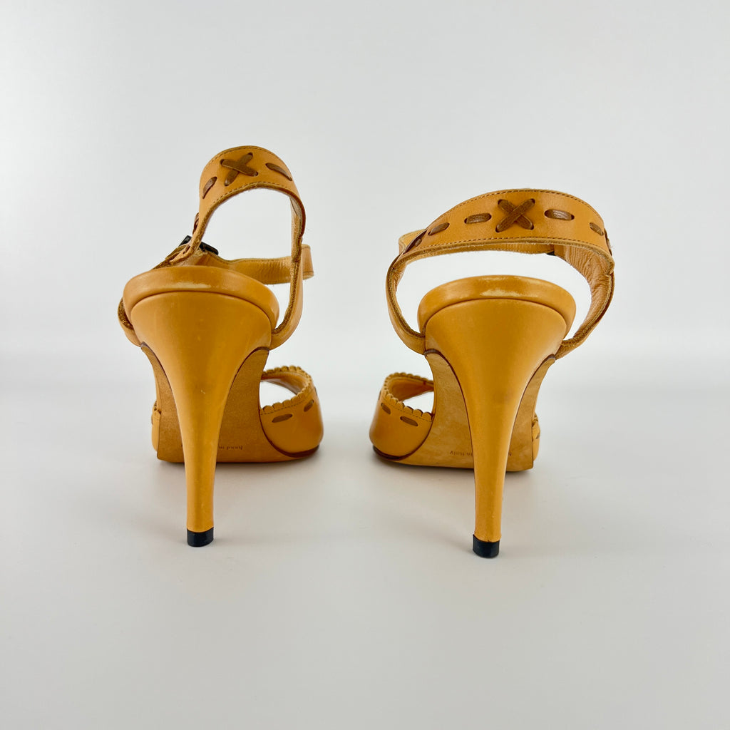 Manolo Blahnik | Tan Camel Leather Top Stitch Peep Toe Ankle Strap Heels (37)