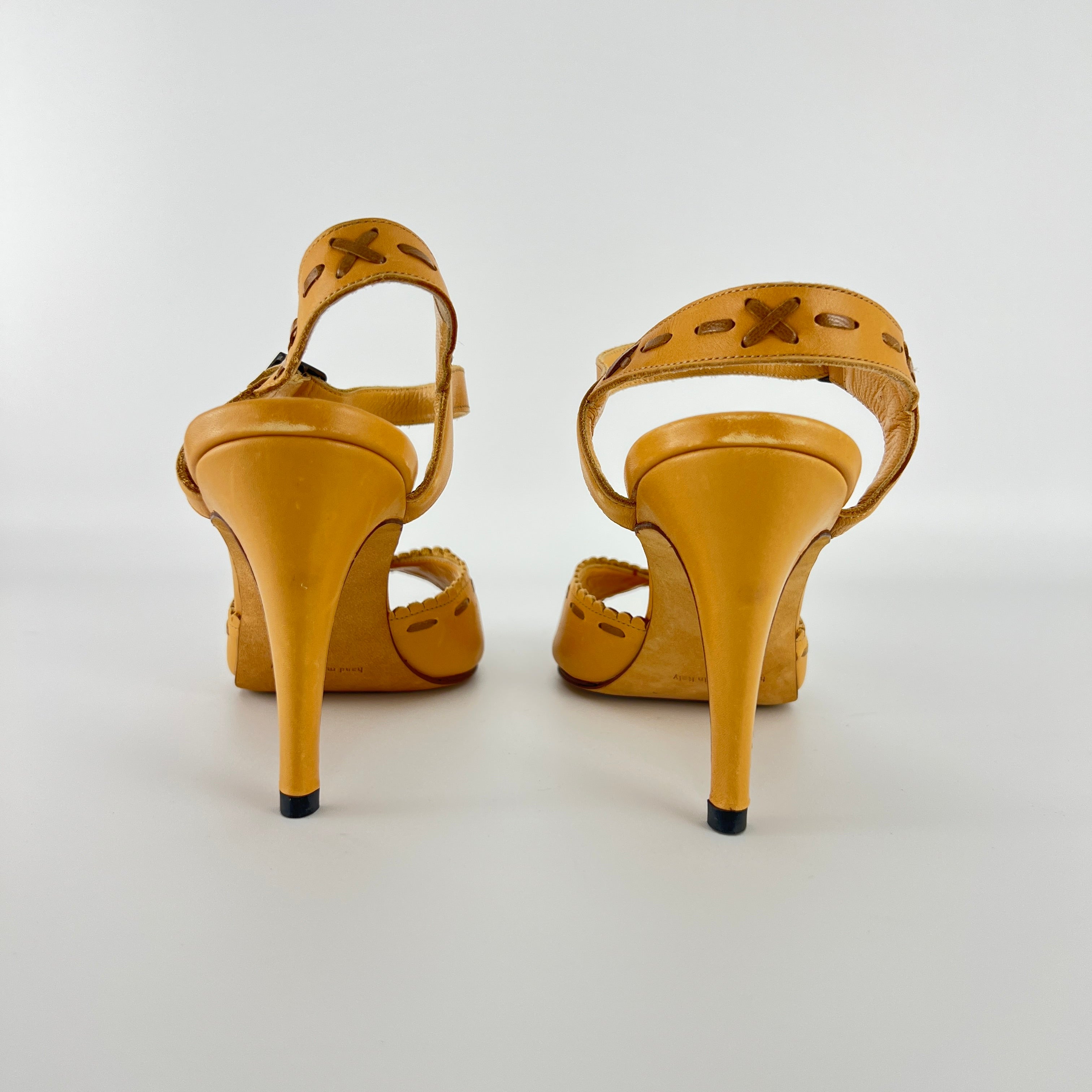 Manolo Blahnik | Tan Camel Leather Top Stitch Peep Toe Ankle Strap Heels (37)