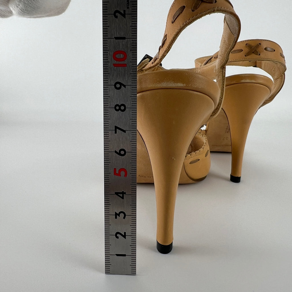 Manolo Blahnik | Tan Camel Leather Top Stitch Peep Toe Ankle Strap Heels (37)