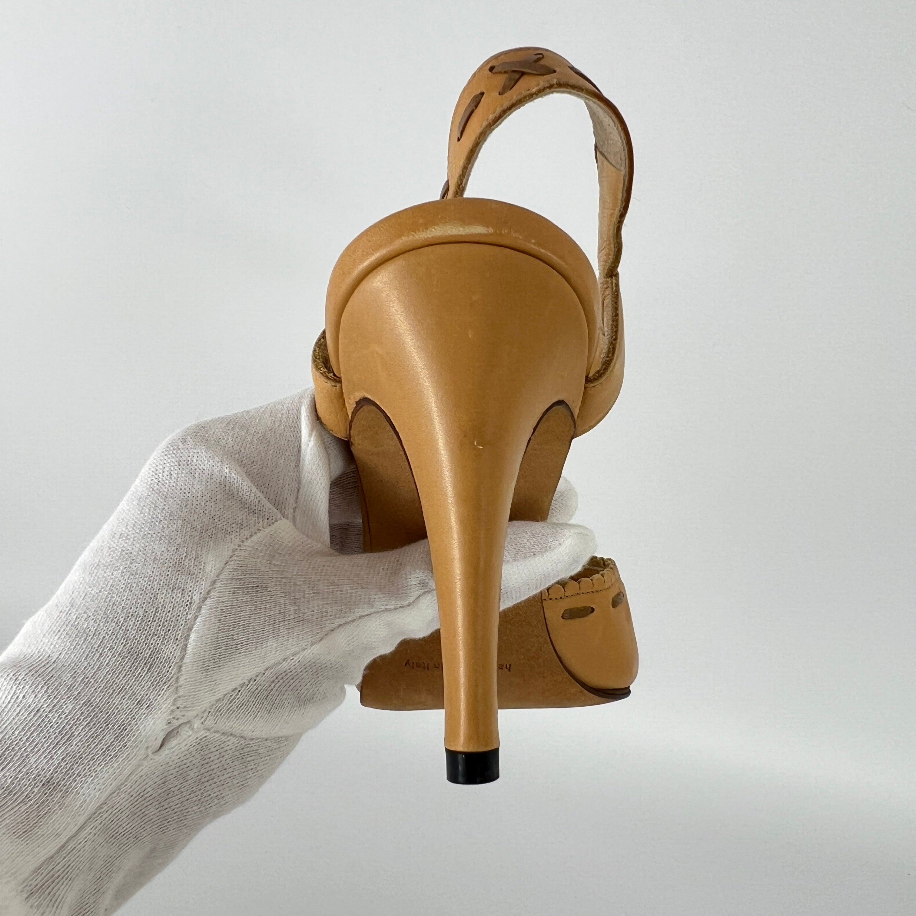 Manolo Blahnik | Tan Camel Leather Top Stitch Peep Toe Ankle Strap Heels (37)